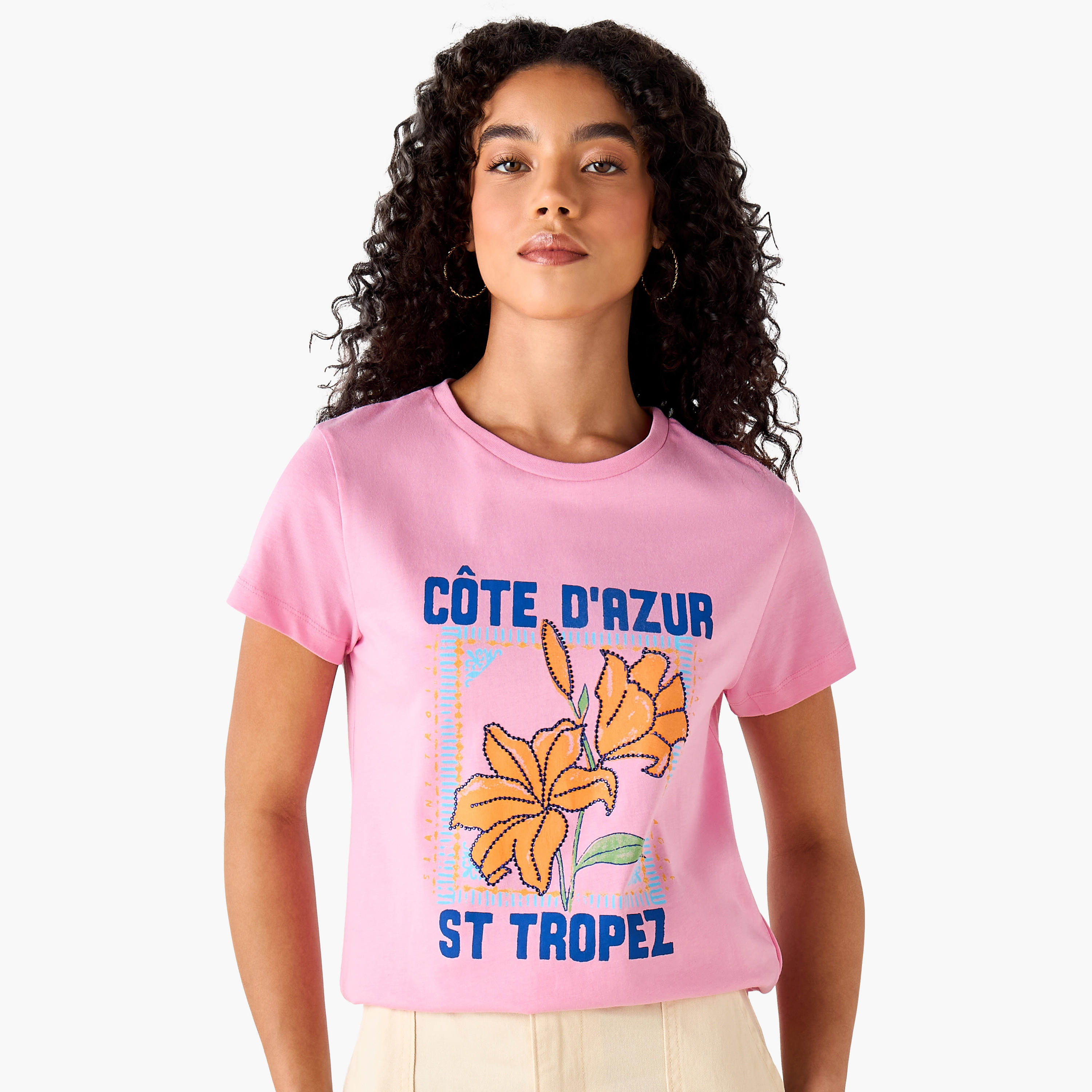 Regular Fit Cotton T-shirt with Typographic Print-women-clothing-tshirts-image-2