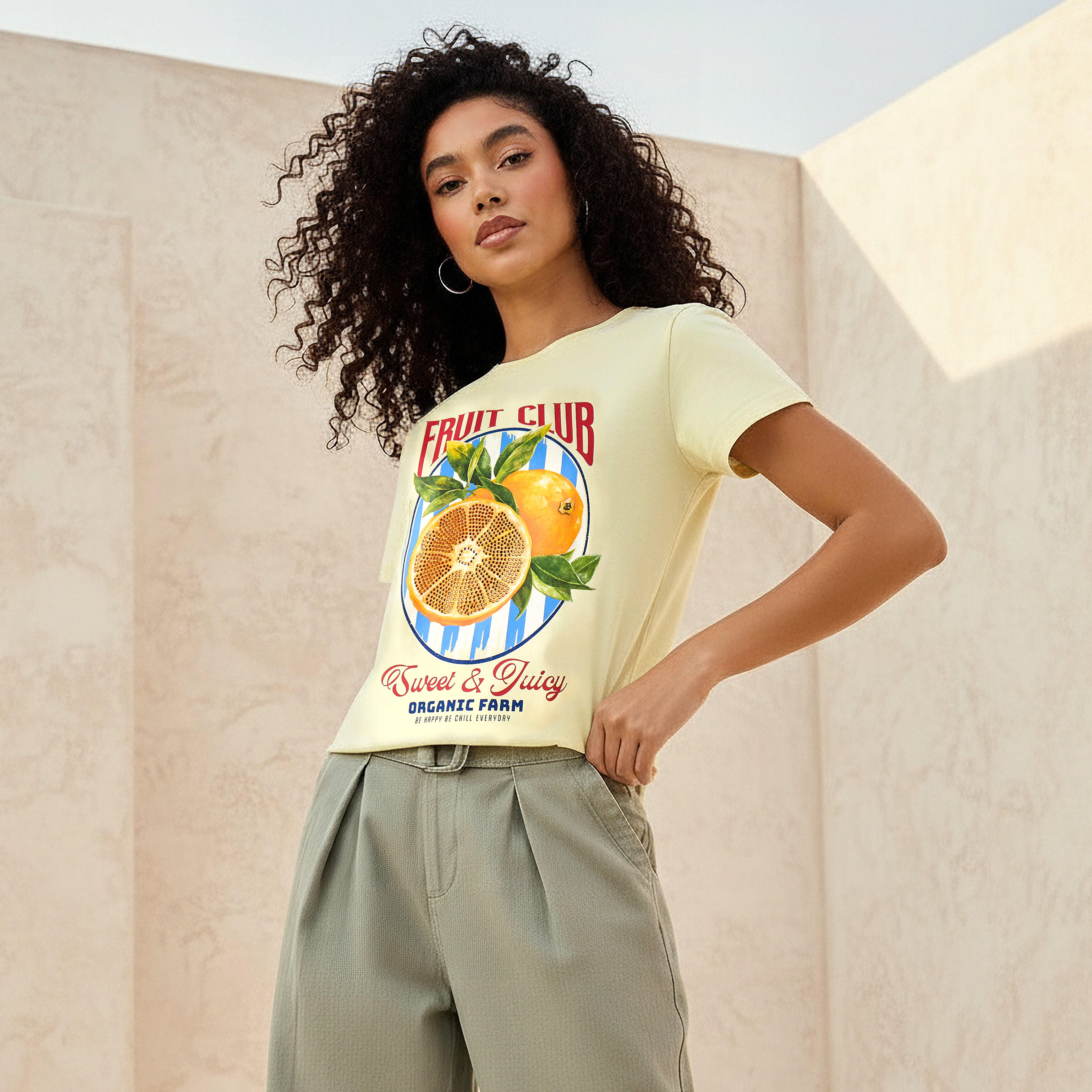 Regular Fit Cotton T-shirt with Typographic Print-women-clothing-tshirts-image-1
