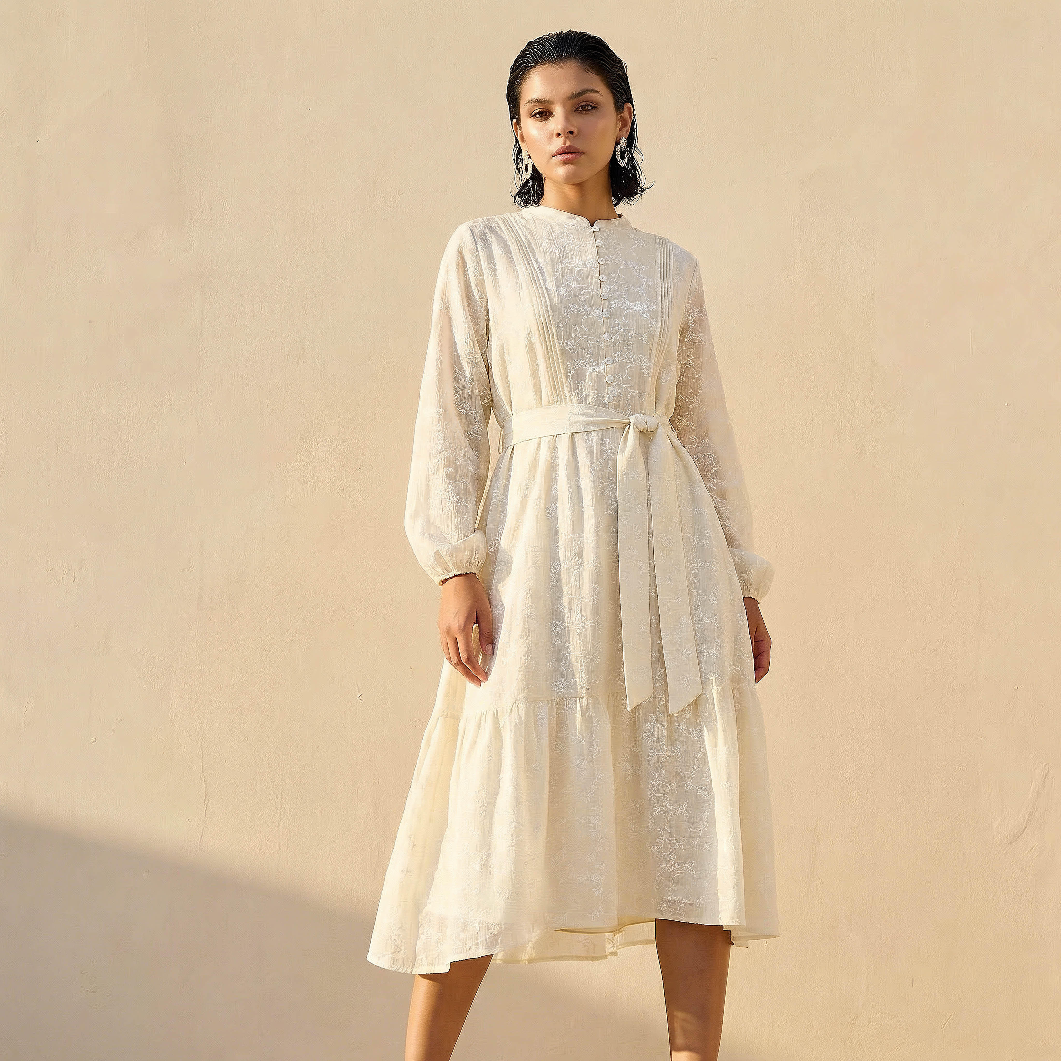 A-line Midi Dress with Tie-Up Belt-women-clothing-dresses-image-1