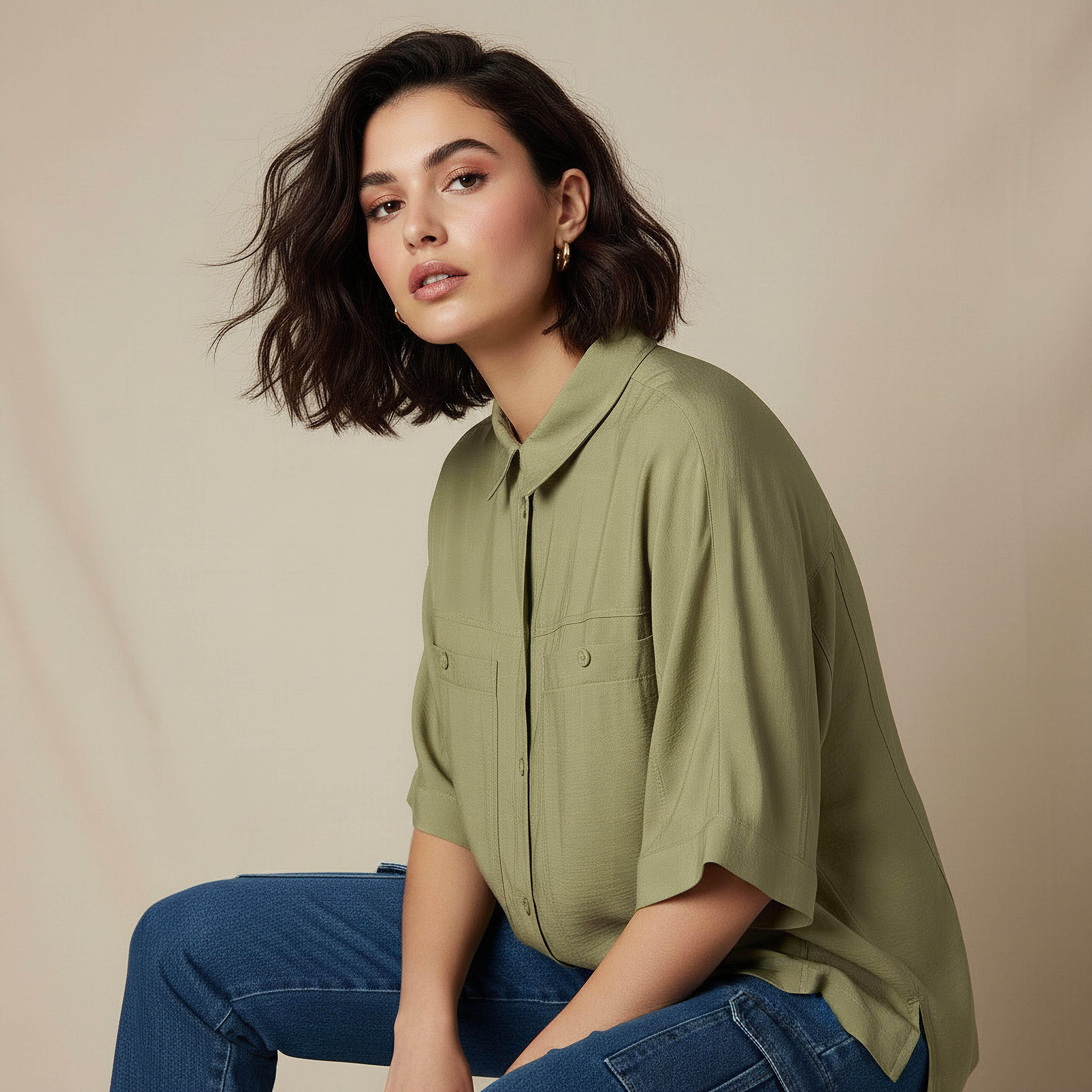 Relaxed Fit Linen Blend Shirt with Dropped Sleeves-women-clothing-shirtsandblouses-shirts-image-1
