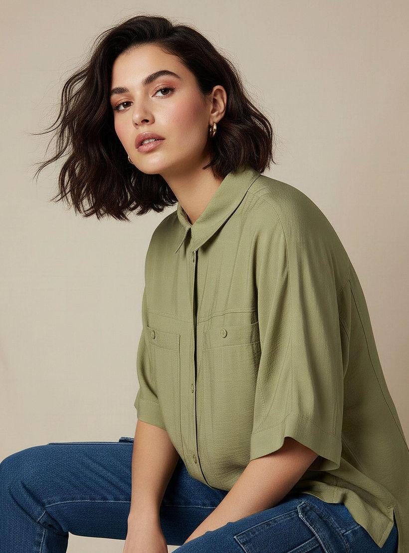 Relaxed Fit Linen Blend Shirt with Dropped Sleeves-women-clothing-shirtsandblouses-shirts-image-1
