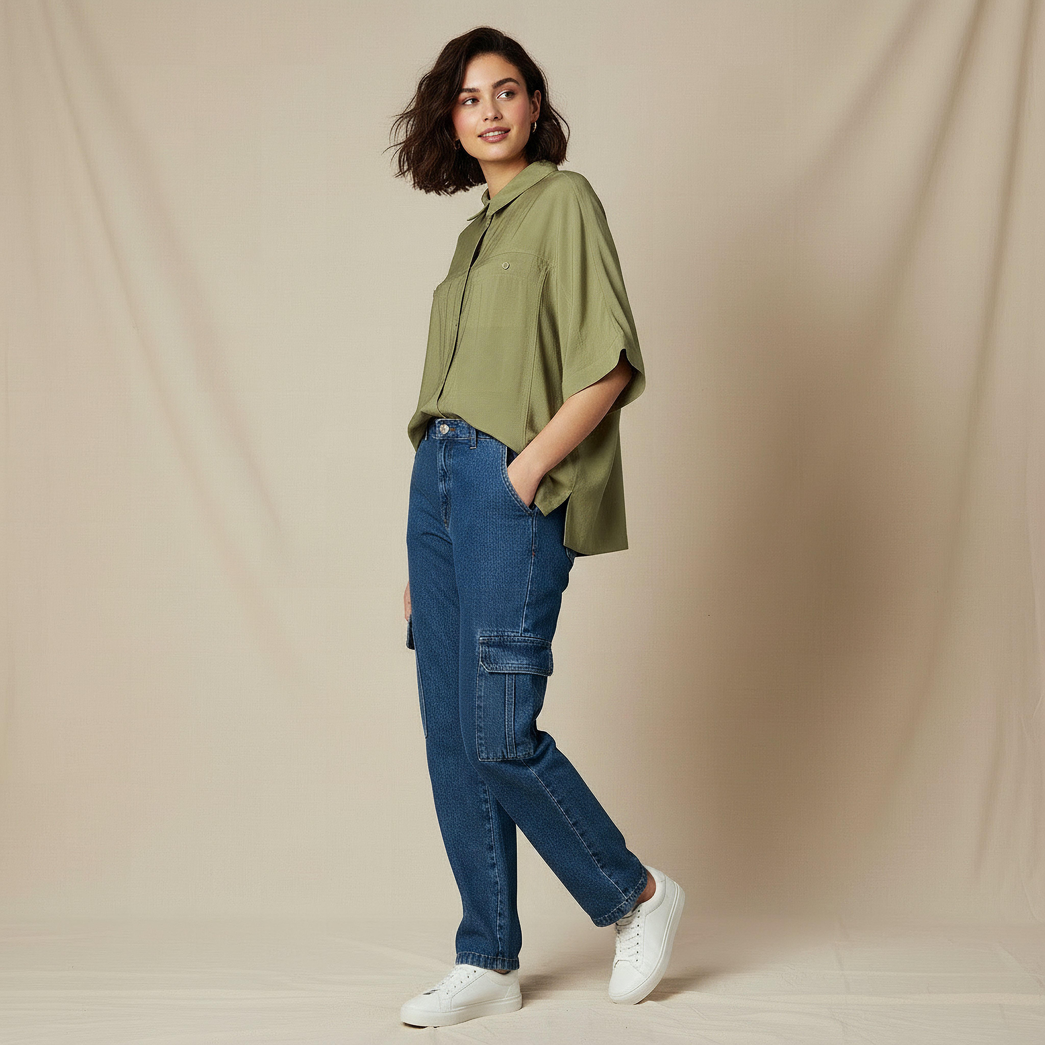 Relaxed Fit Linen Blend Shirt with Dropped Sleeves-women-clothing-shirtsandblouses-shirts-image-3