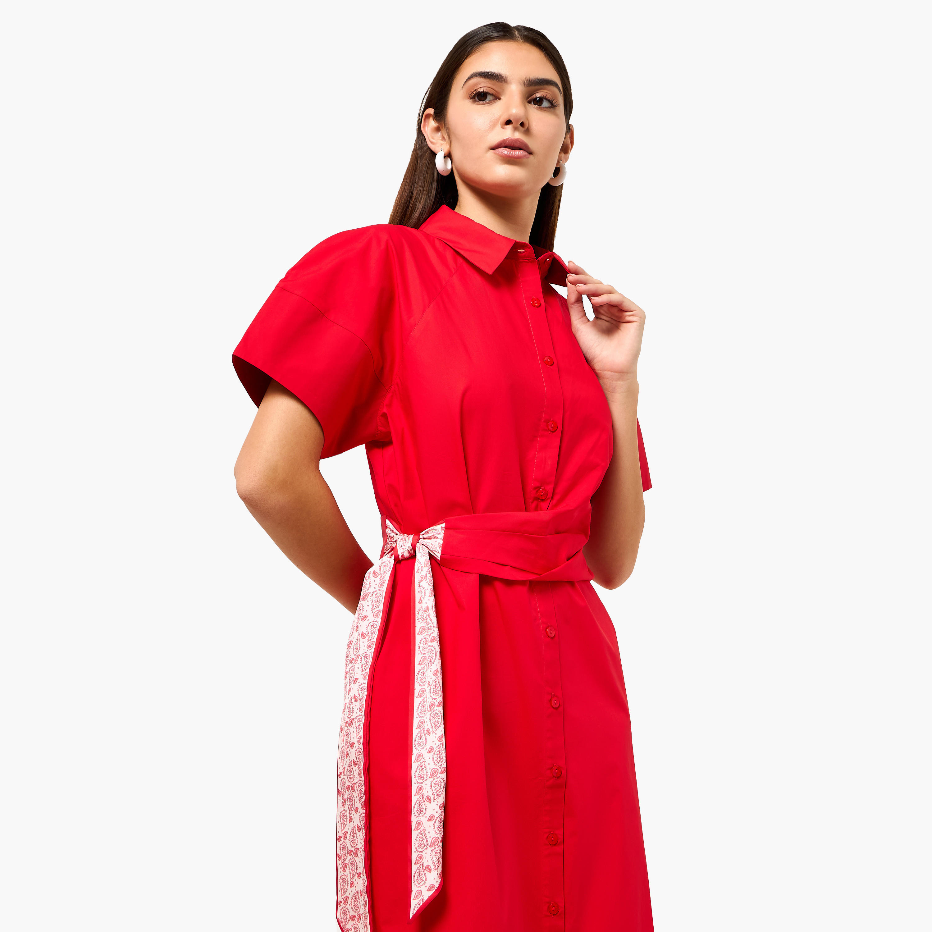 فستان قميص قطن بتفاصيل وشاح للنساء-women-clothing-dresses-image-6