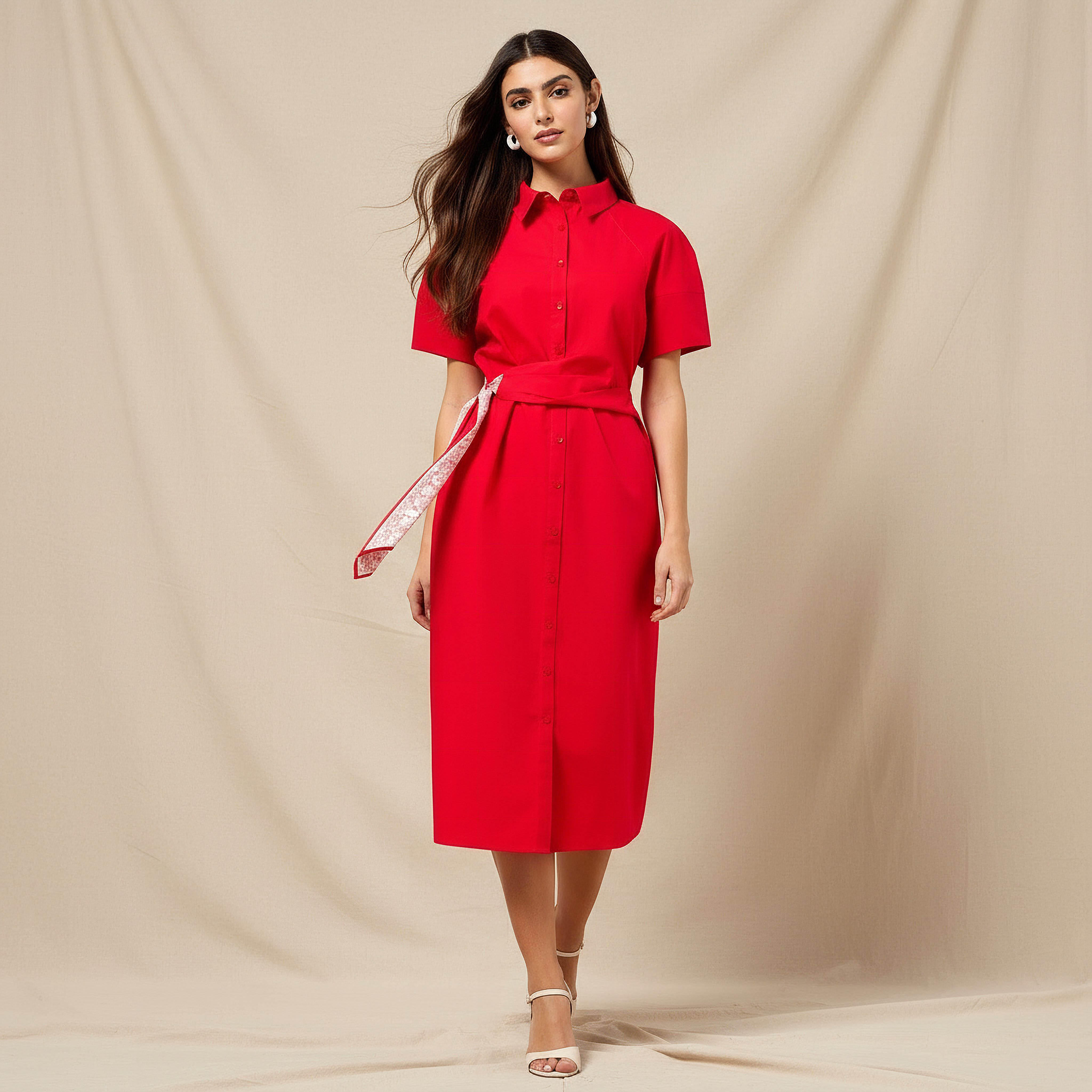 فستان قميص قطن بتفاصيل وشاح للنساء-women-clothing-dresses-image-1