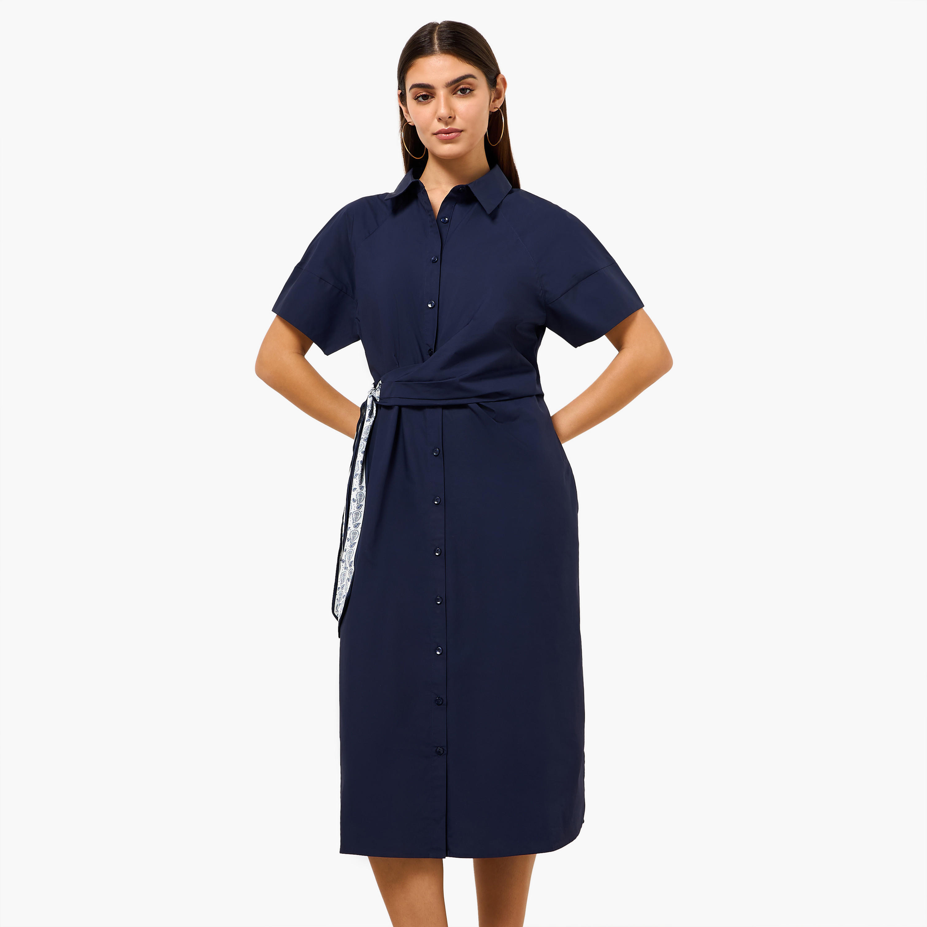 فستان قميص قطن بتفاصيل وشاح للنساء-women-clothing-dresses-image-2