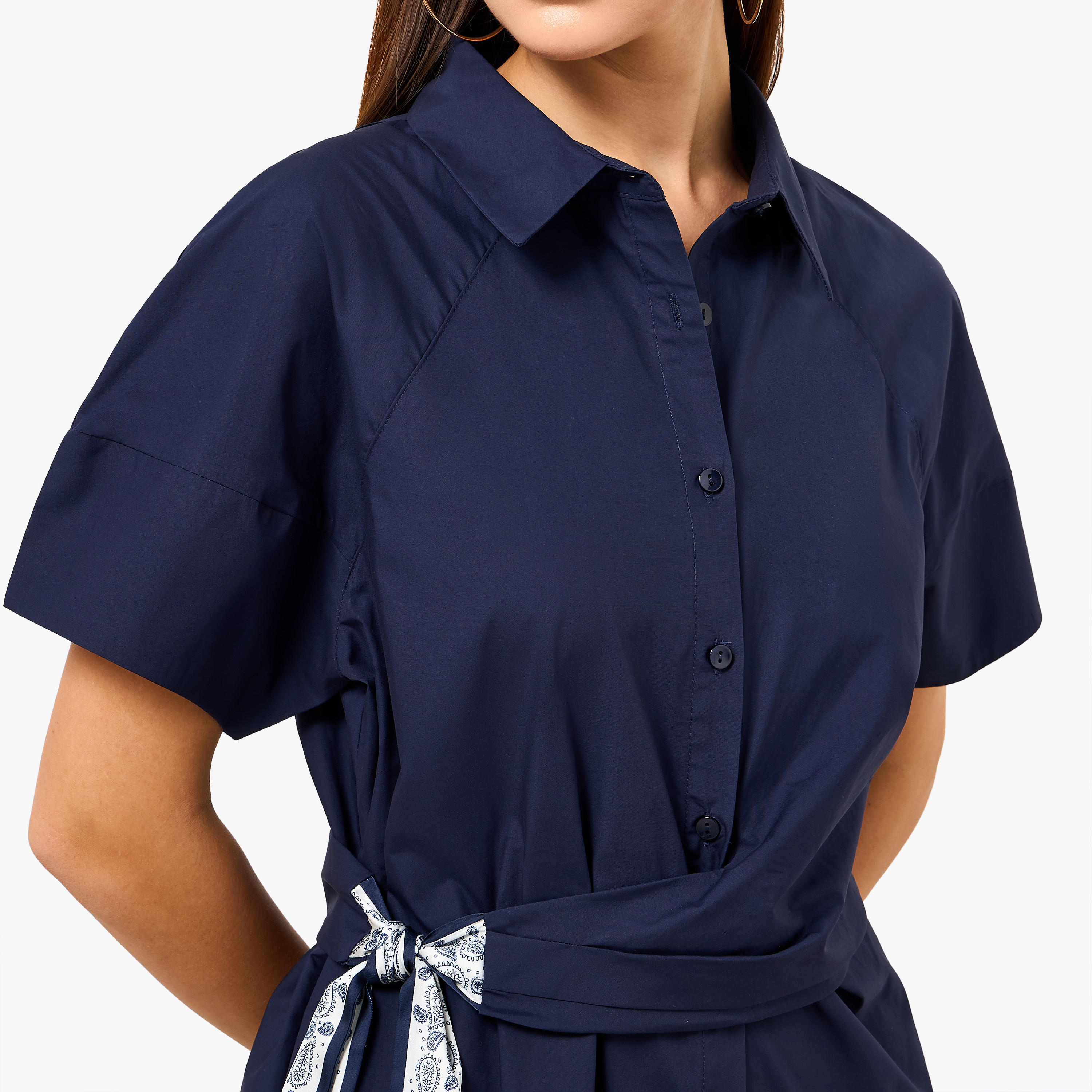 فستان قميص قطن بتفاصيل وشاح للنساء-women-clothing-dresses-image-3