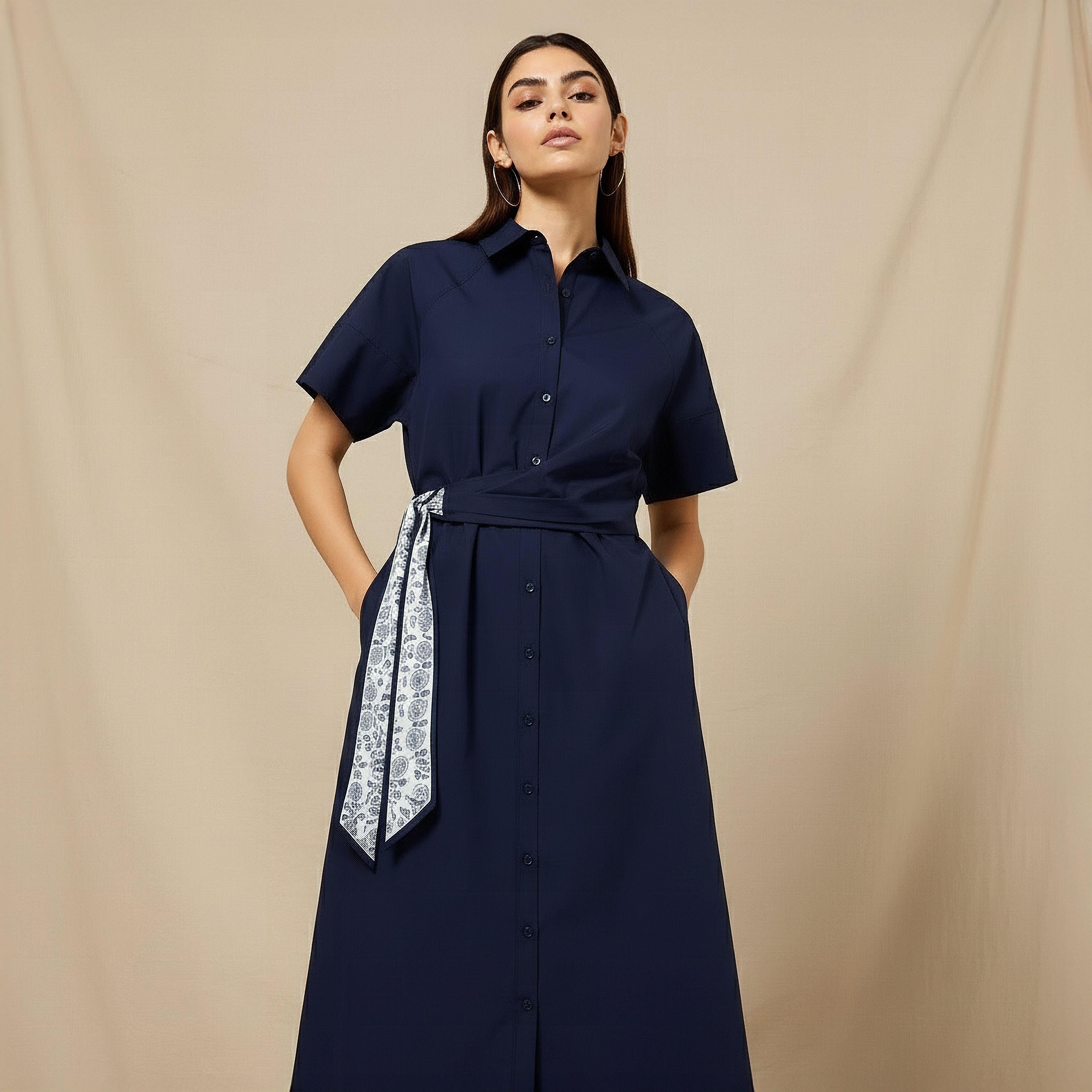 فستان قميص قطن بتفاصيل وشاح للنساء-women-clothing-dresses-image-1