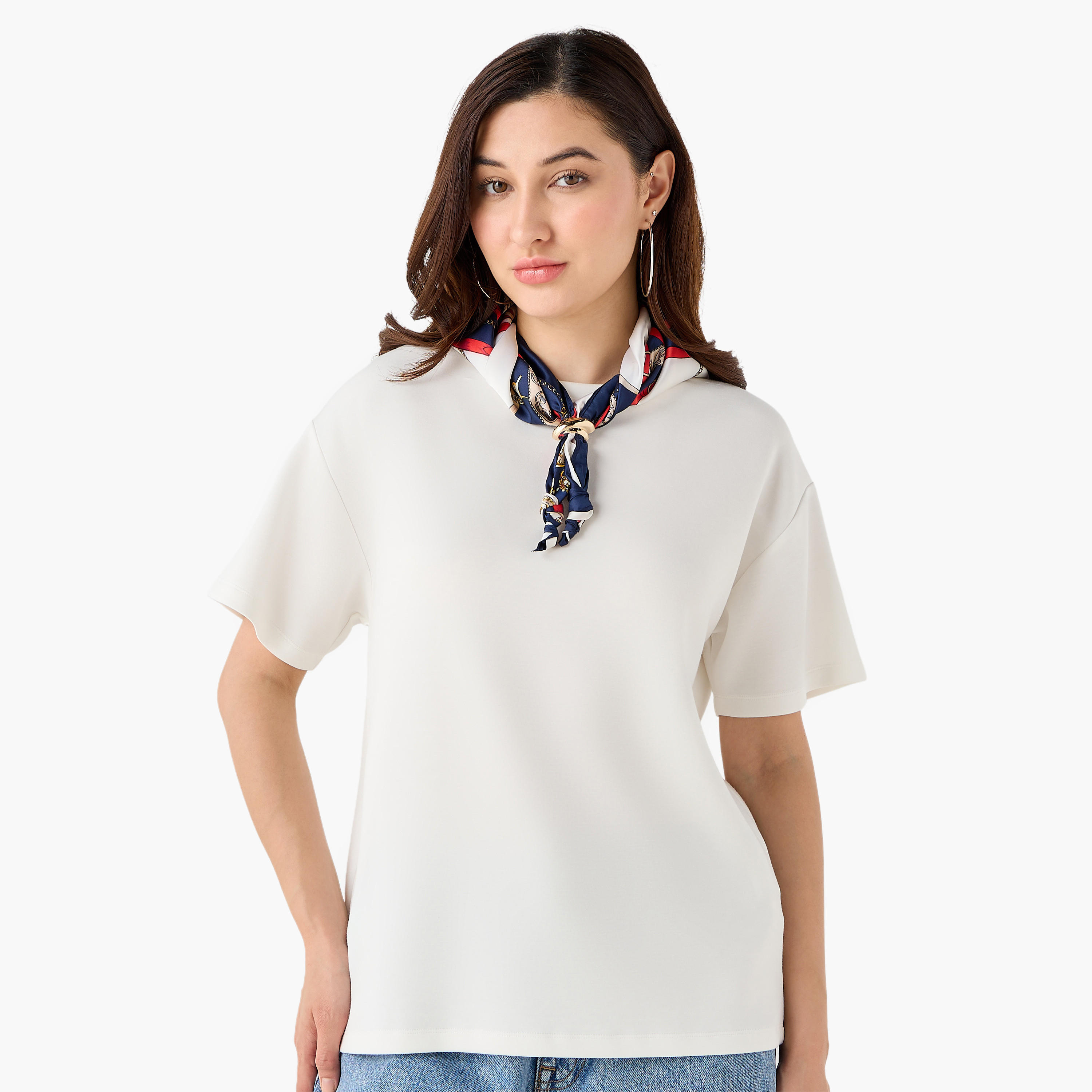 Boxy Fit T-shirt with Attached Scarf Detail-women-clothing-tshirts-image-2