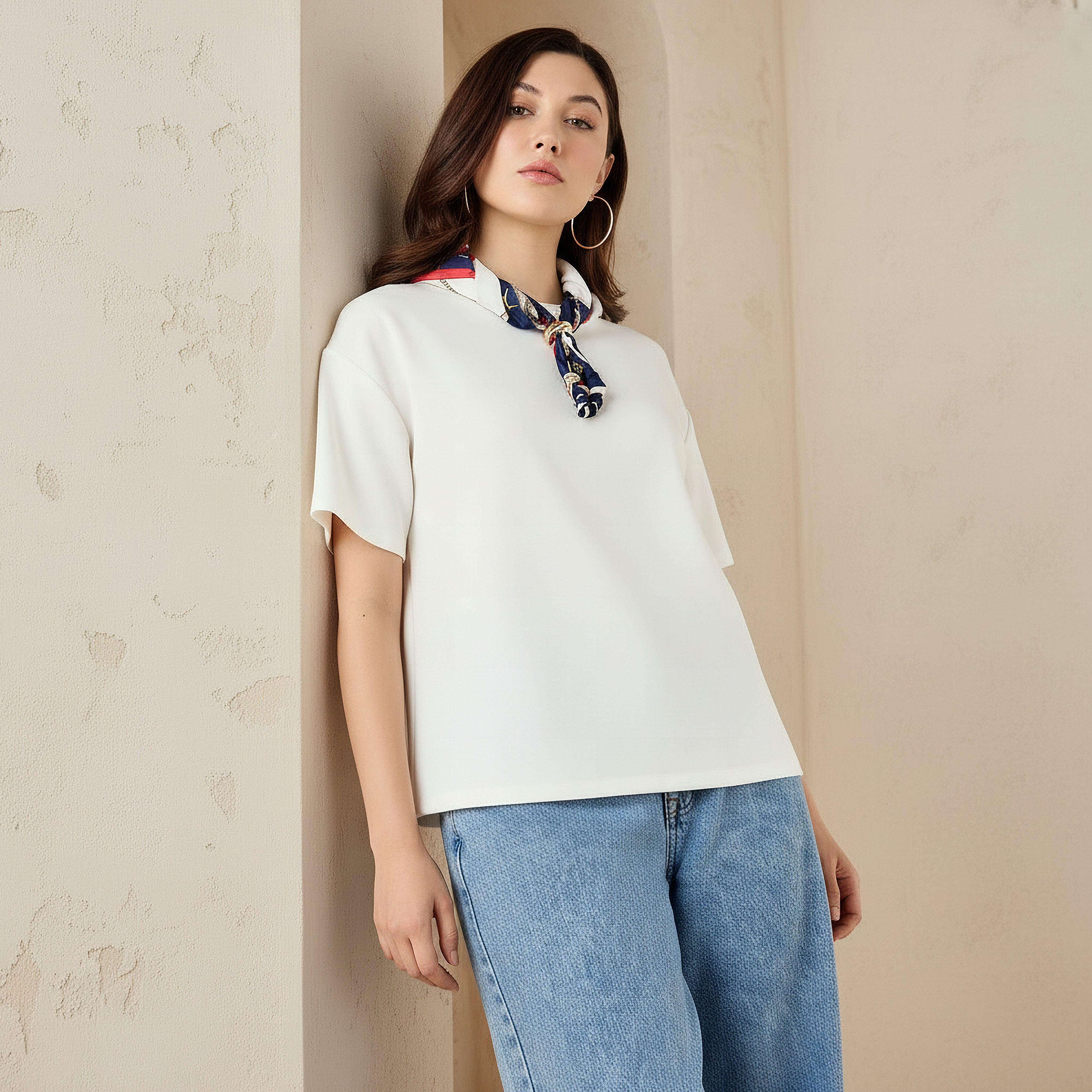 تيشيرت بقصة بوكسي وتفاصيل وشاح-women-clothing-tshirts-image-1