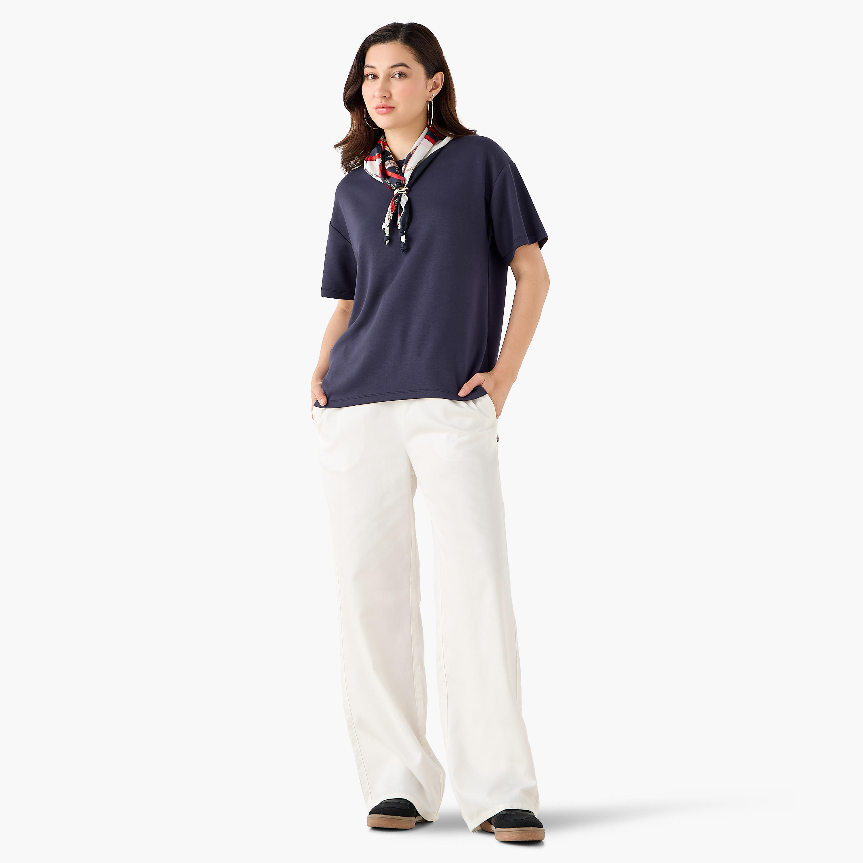 Boxy Fit T-shirt with Attached Scarf Detail-women-clothing-tshirts-image-3