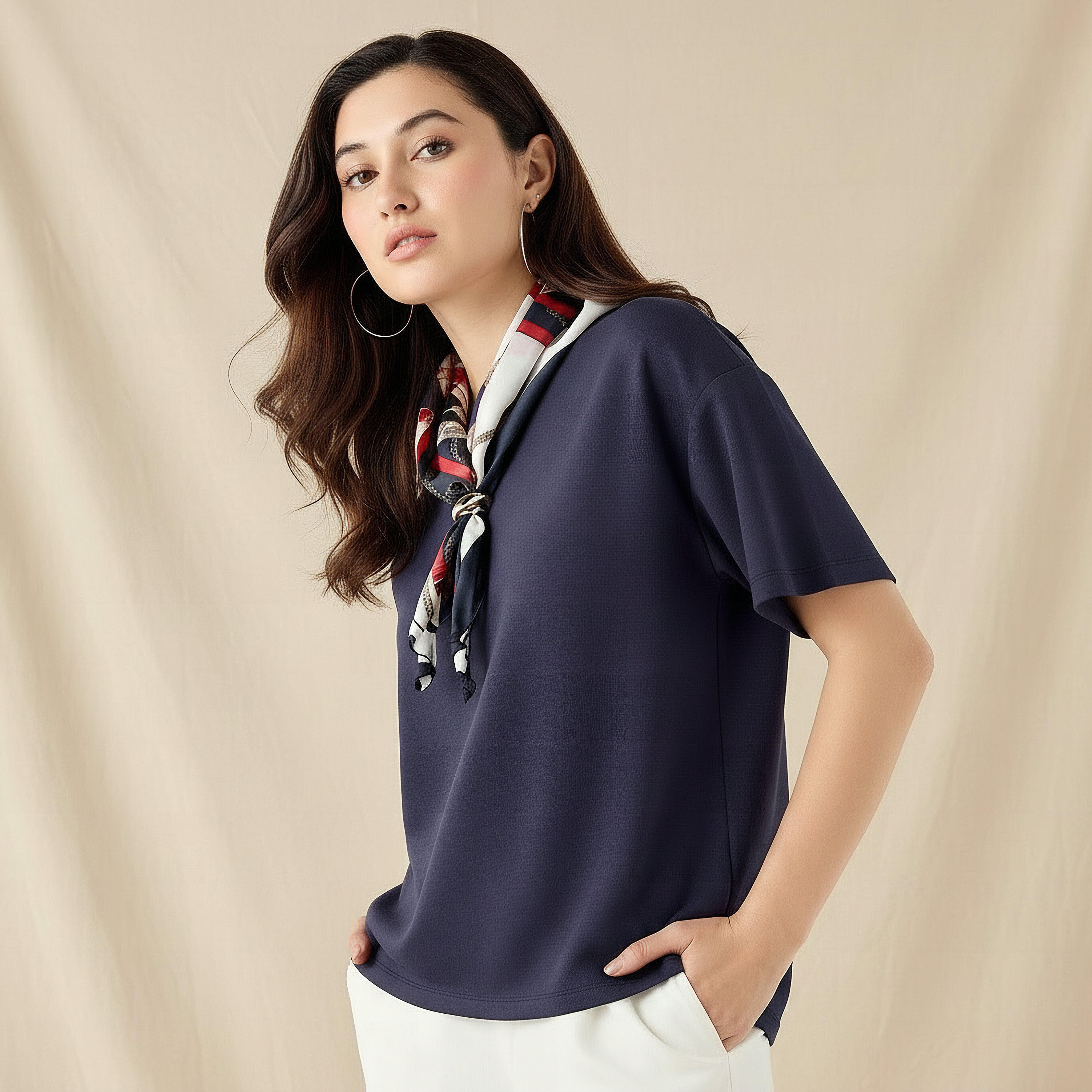 تيشيرت بقصة بوكسي وتفاصيل وشاح-women-clothing-tshirts-image-1