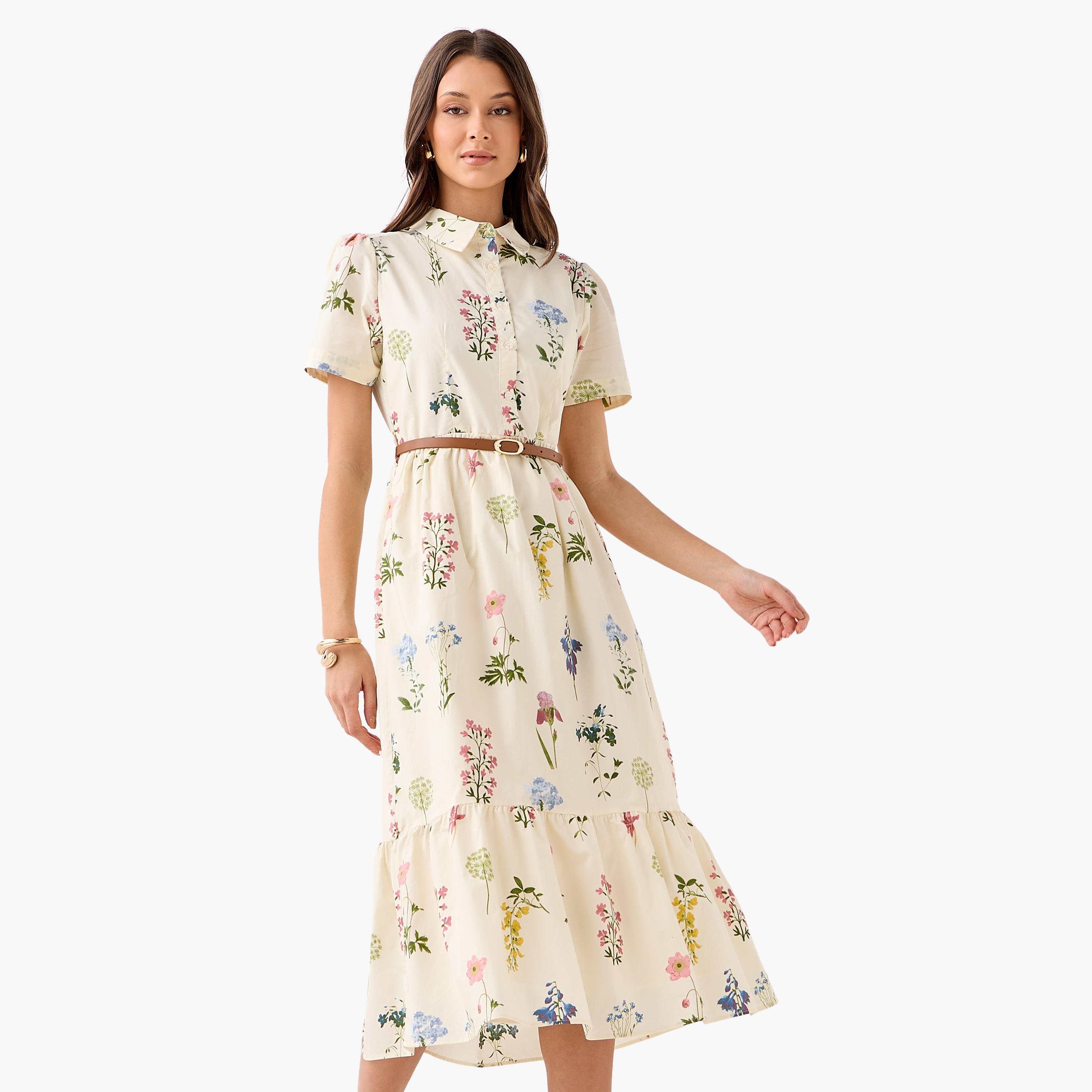 Belted Midi Cotton Shirt Dress with Floral Print-women-clothing-dresses-image-3