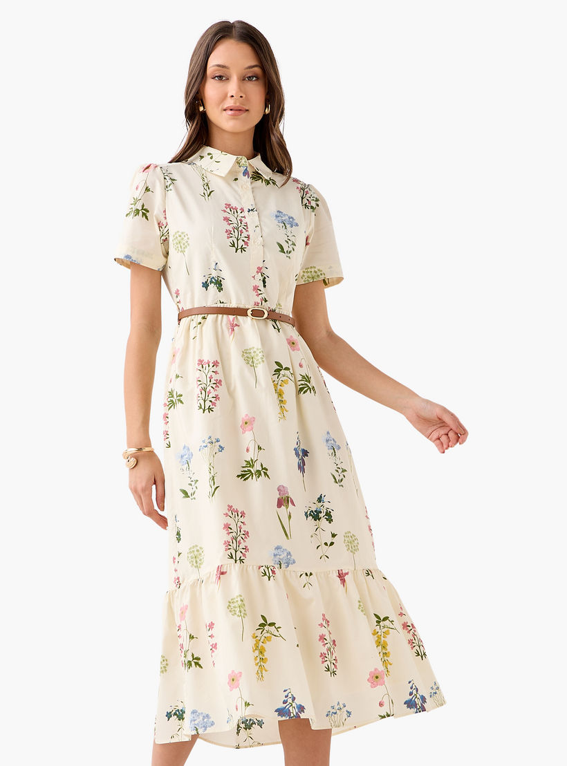 Belted Midi Cotton Shirt Dress with Floral Print-women-clothing-dresses-image-3