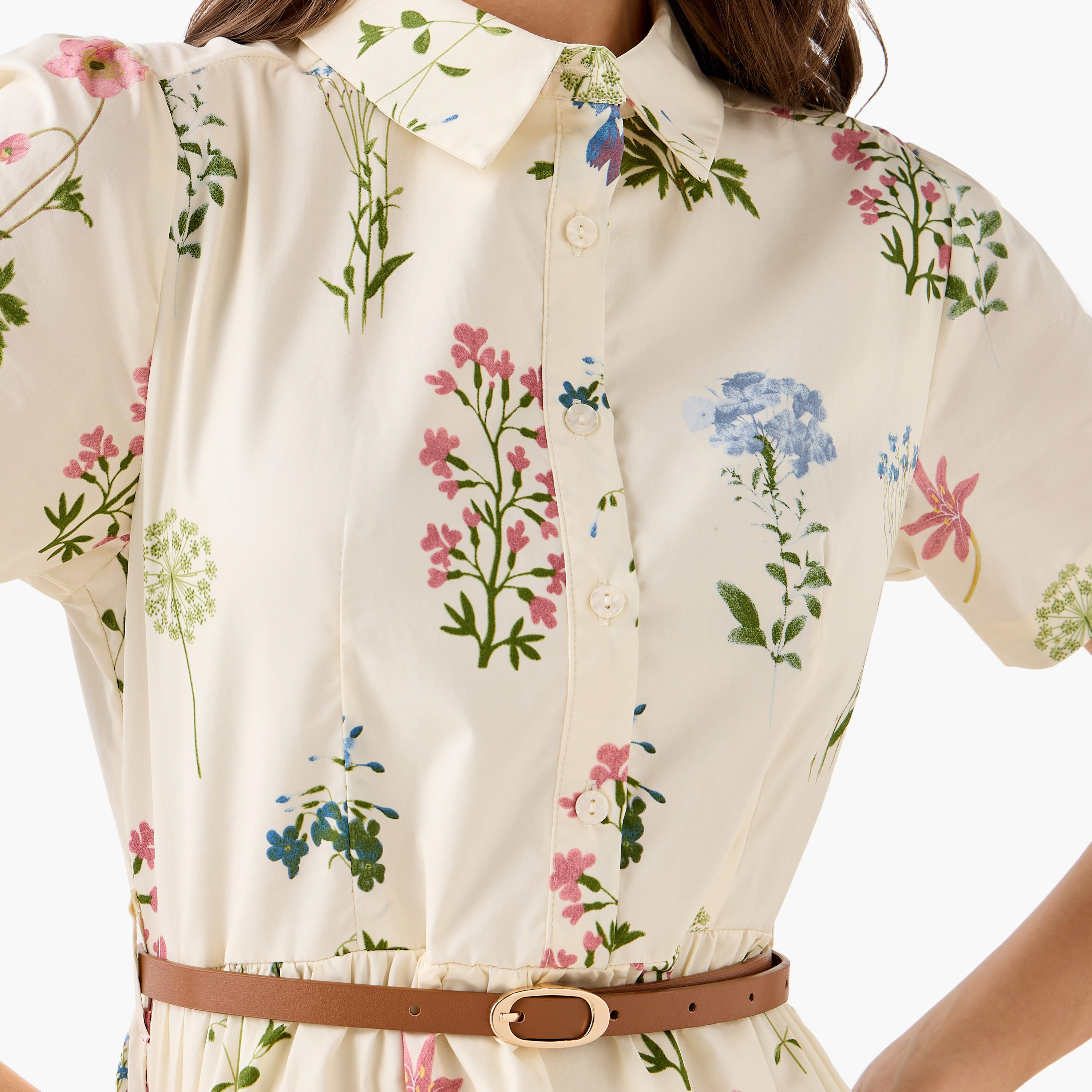 Belted Midi Cotton Shirt Dress with Floral Print-women-clothing-dresses-image-4