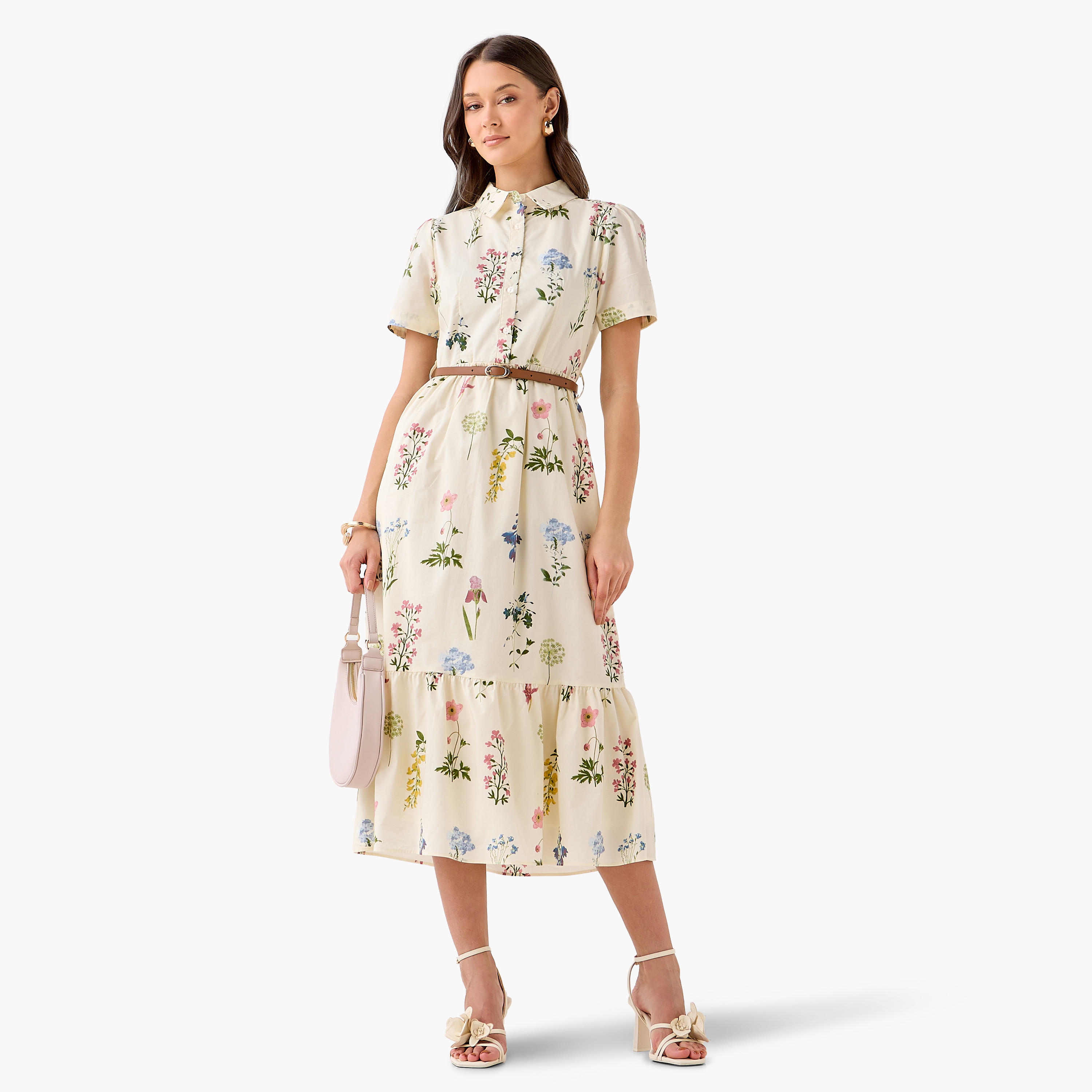 Belted Midi Cotton Shirt Dress with Floral Print-women-clothing-dresses-image-5