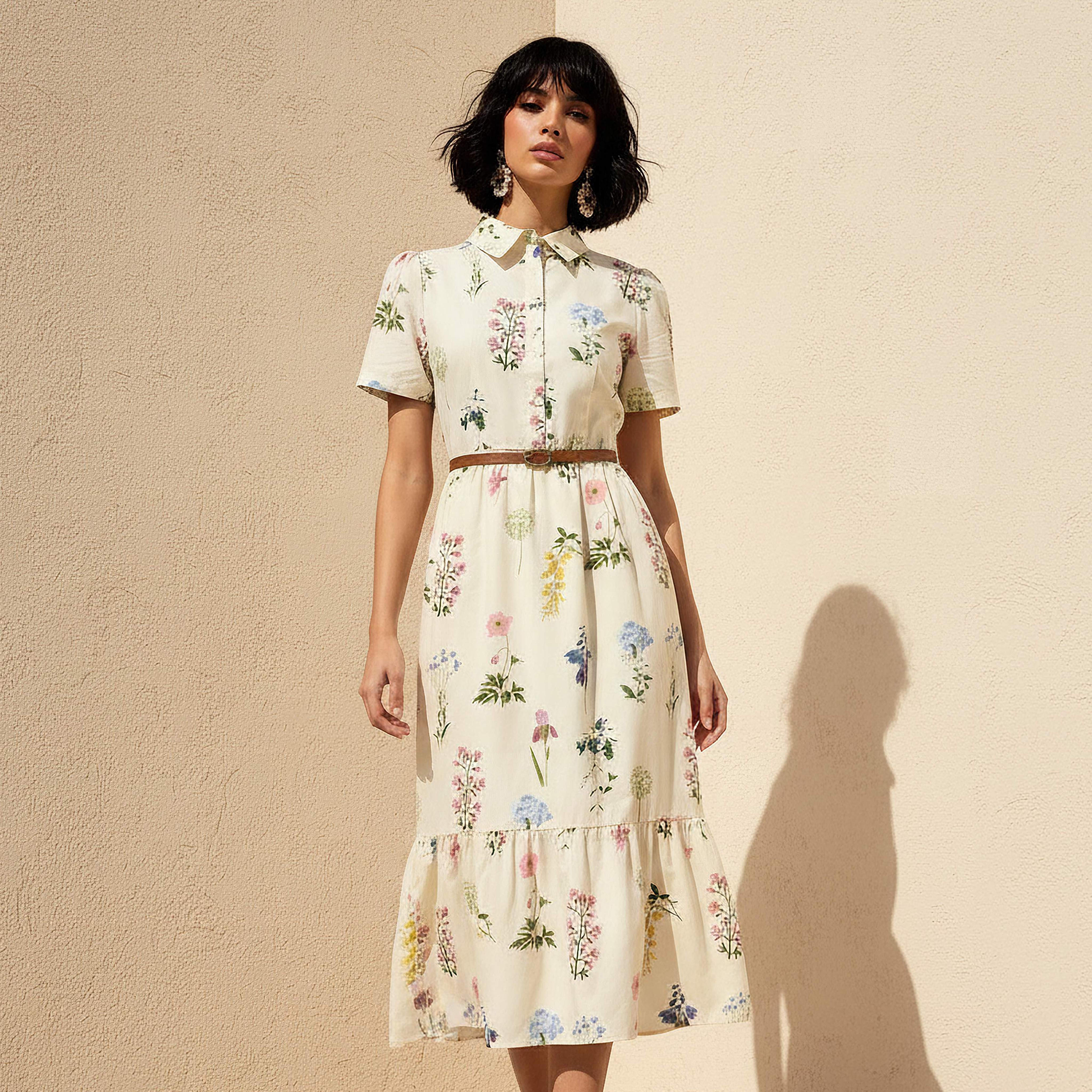 Belted Midi Cotton Shirt Dress with Floral Print-women-clothing-dresses-image-1