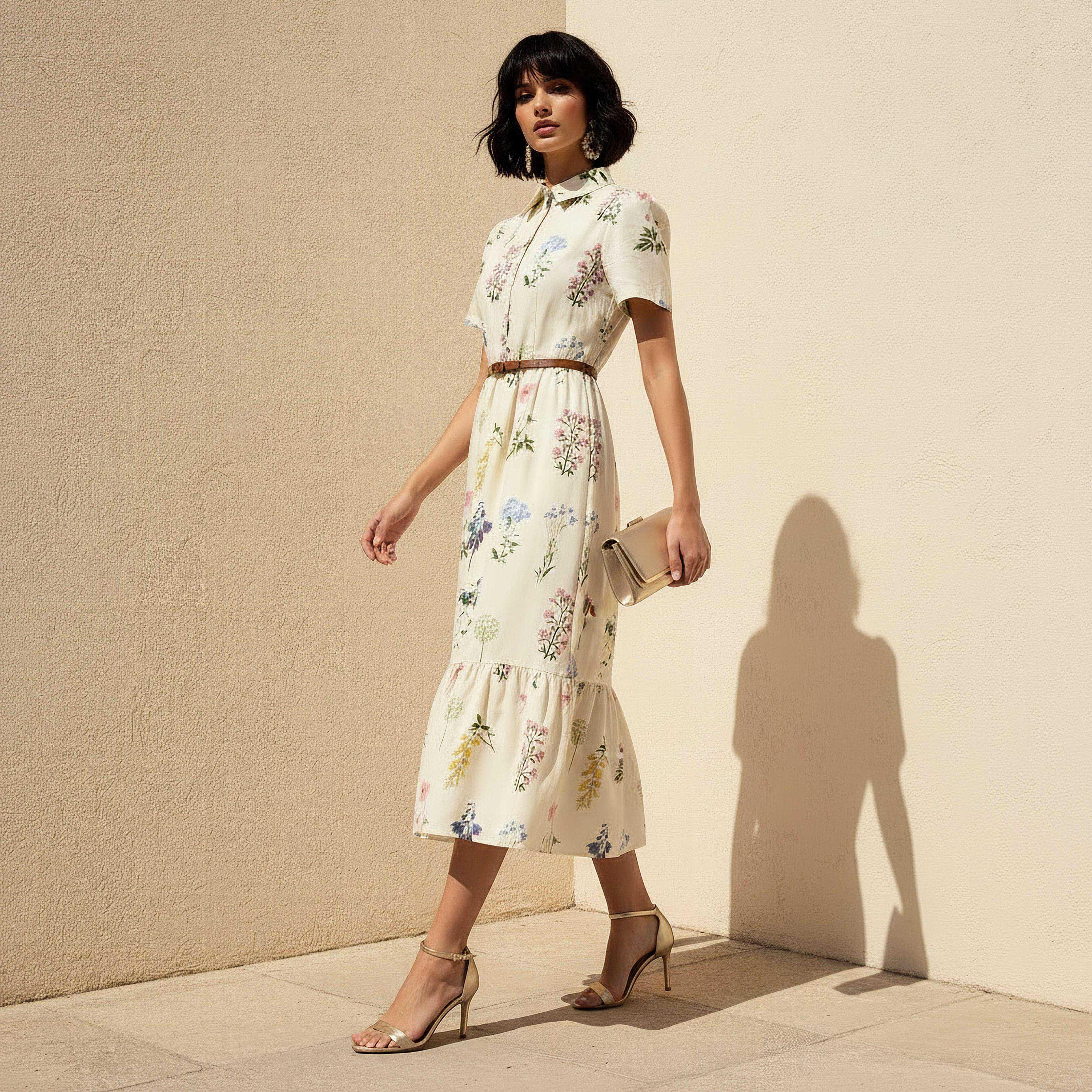 Belted Midi Cotton Shirt Dress with Floral Print-women-clothing-dresses-image-2