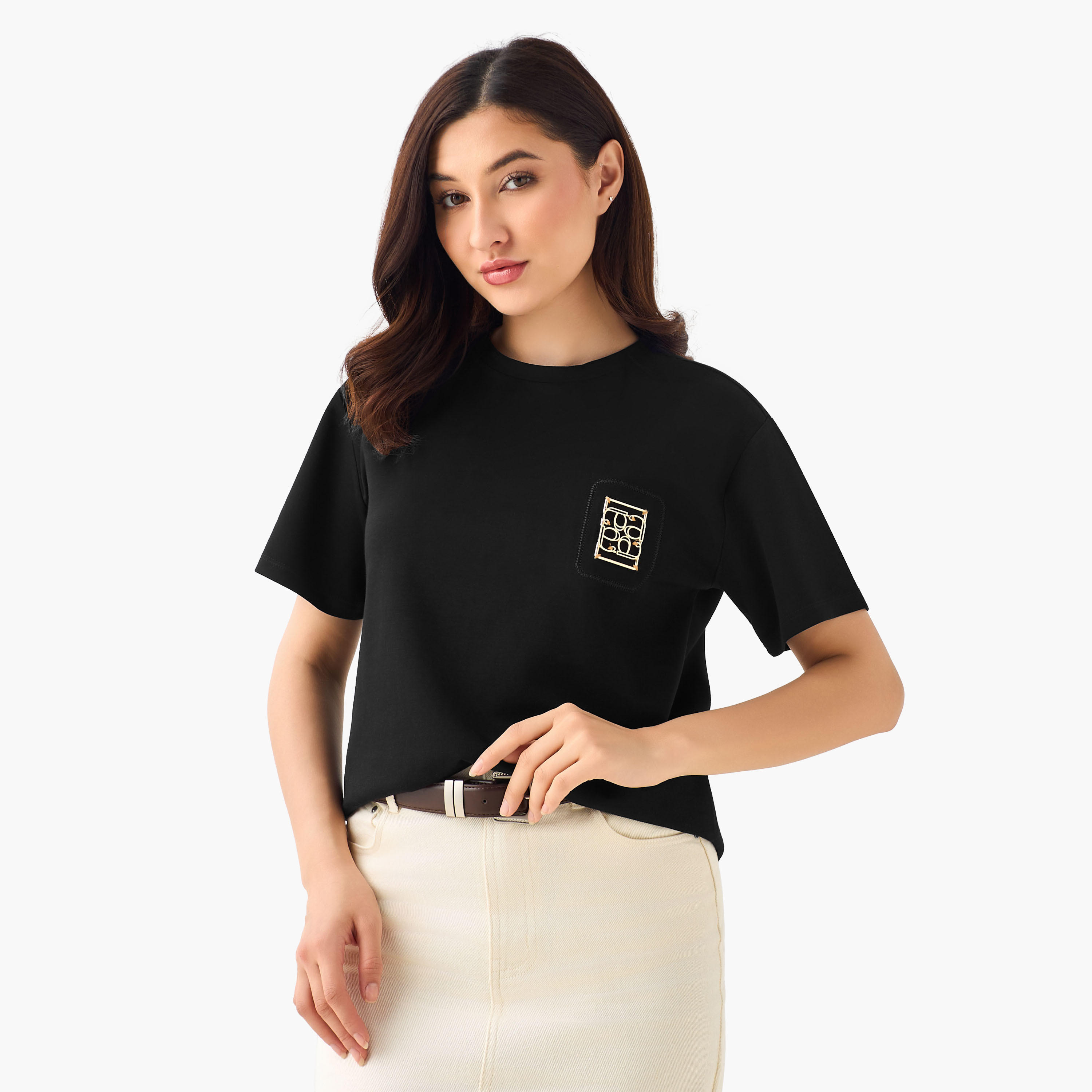 Regular Fit T-shirt with Metal Applique Detail-women-clothing-tshirts-image-3