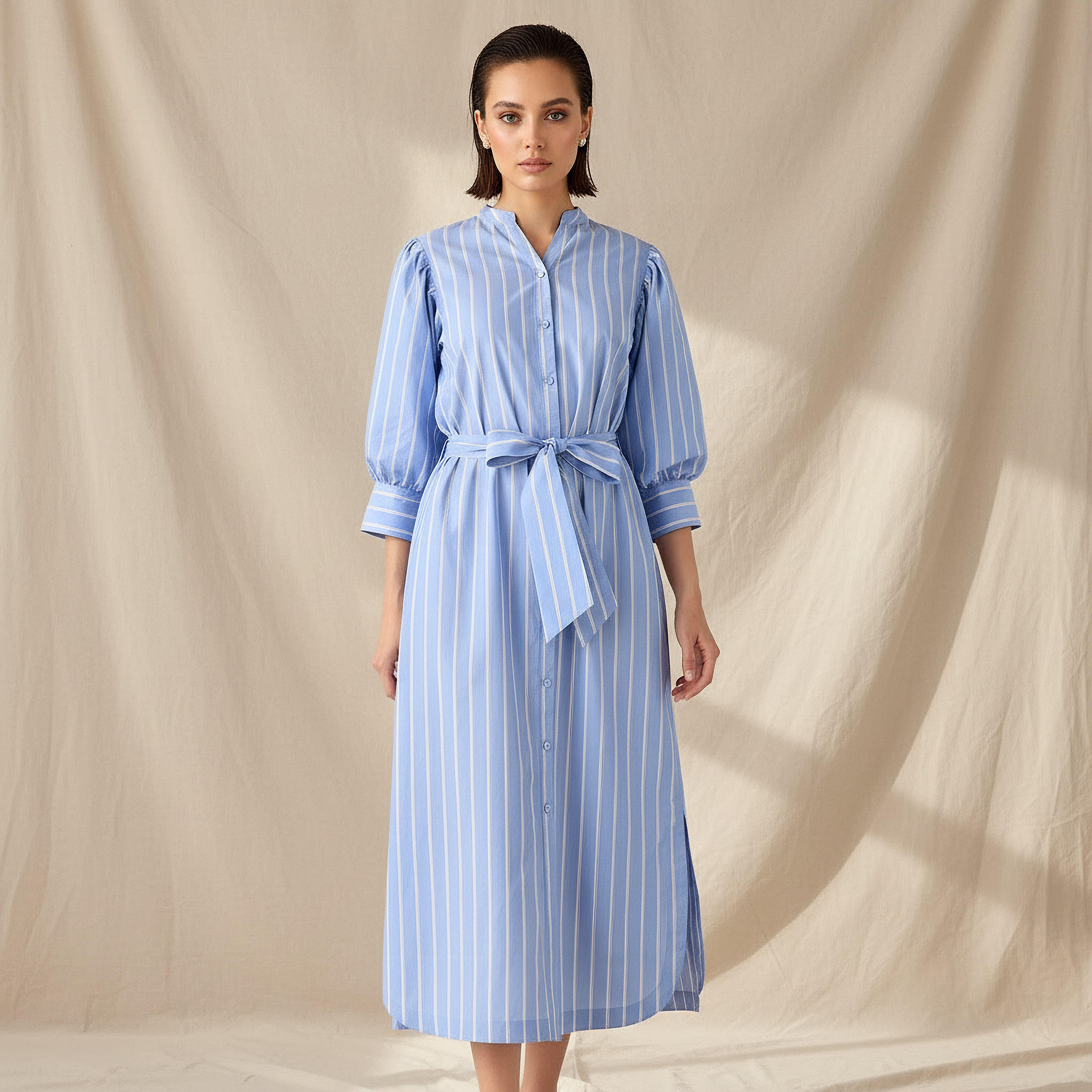فستان قميص قطن مخطط وبحزام-women-clothing-dresses-image-1