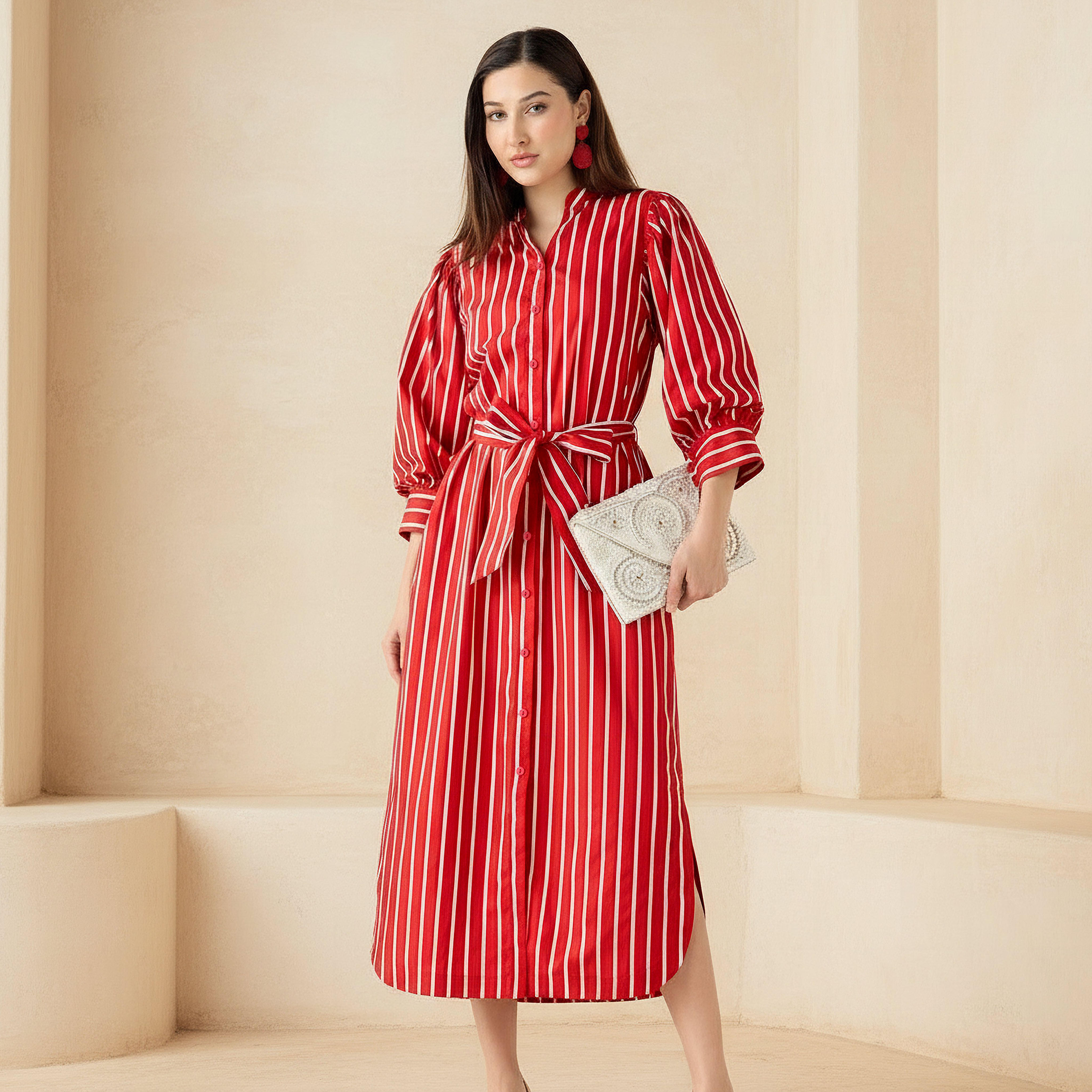 فستان قميص قطن مخطط وبحزام-women-clothing-dresses-image-1