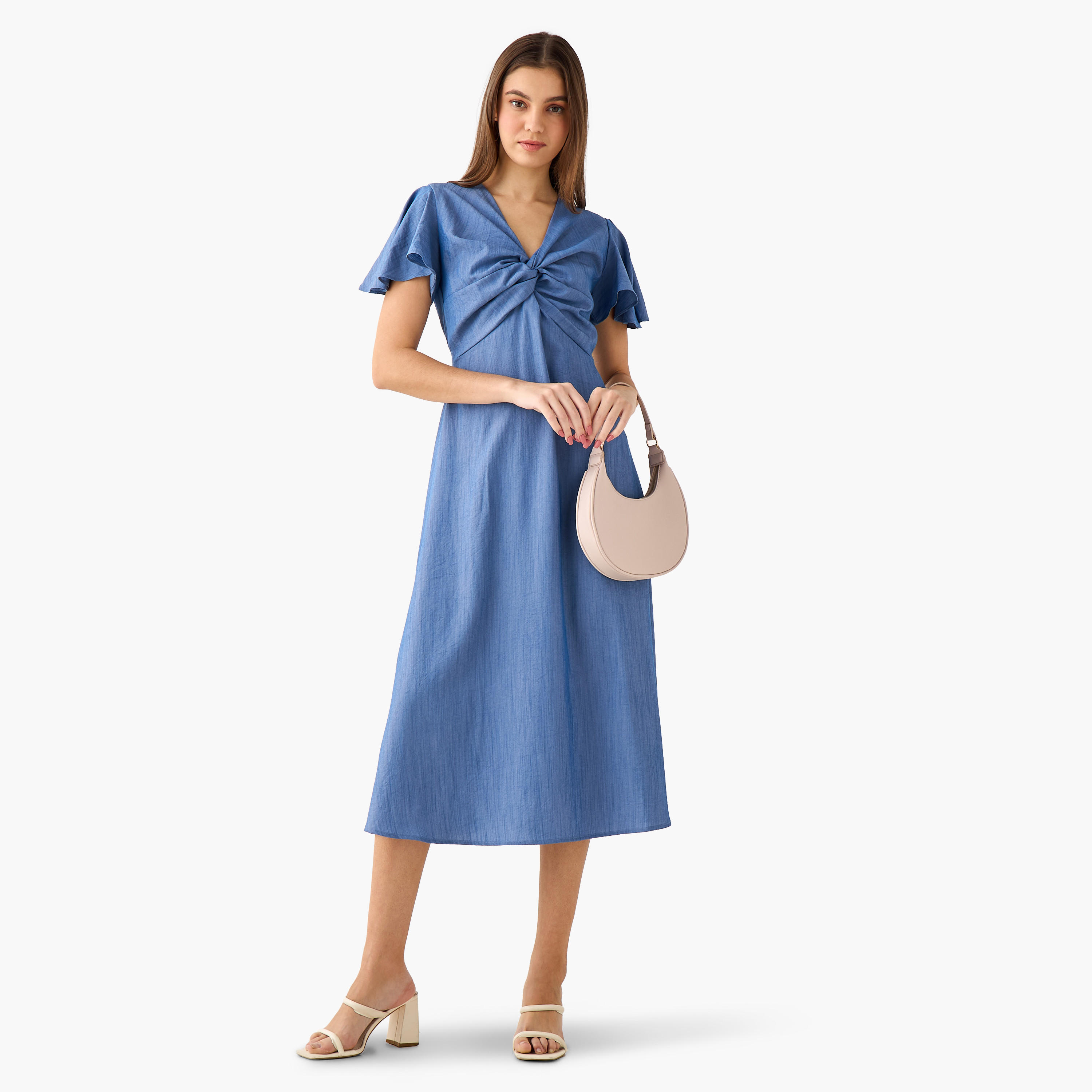 فستان ميدي إيه لاين ملفوف بأكمام آنجل-women-clothing-dresses-image-4
