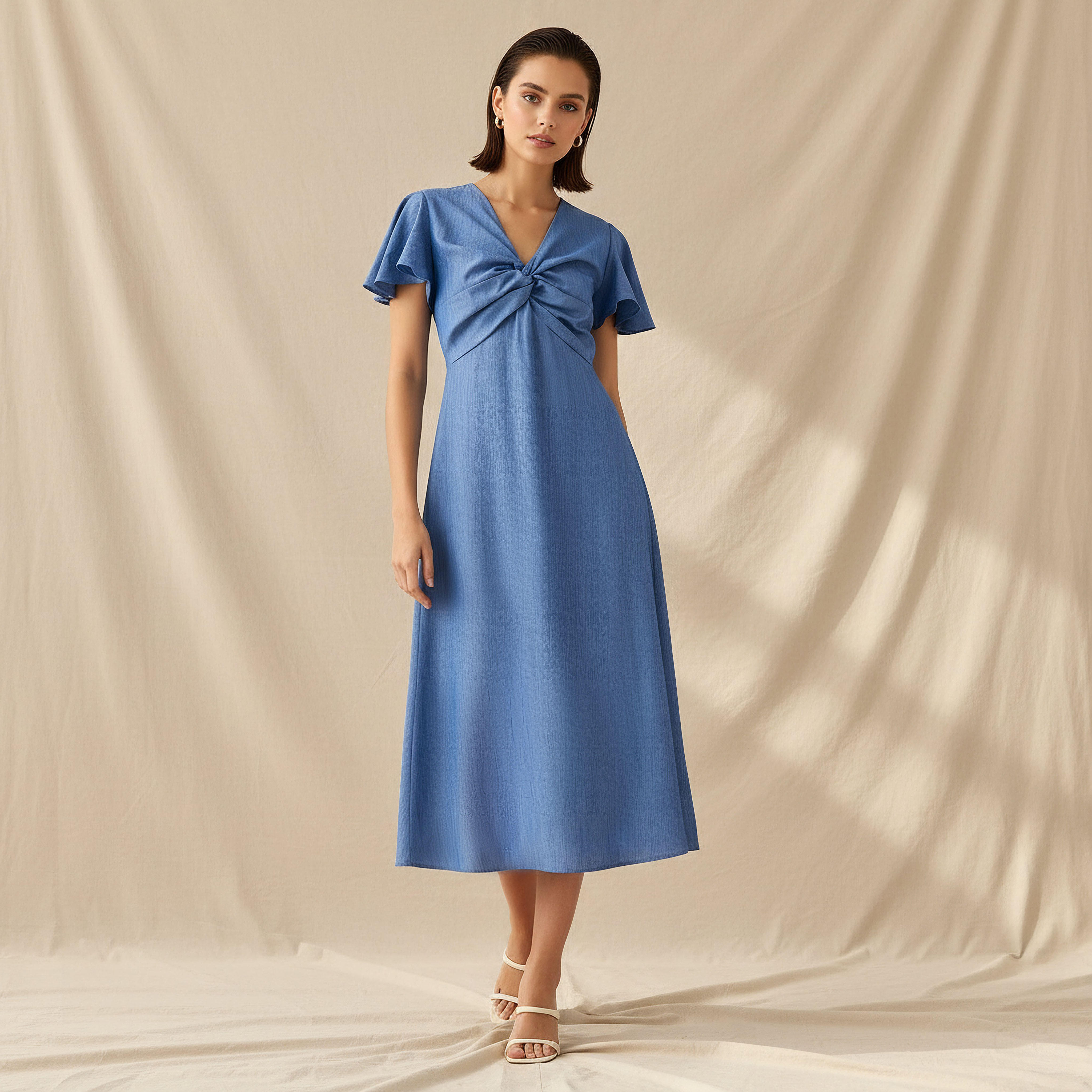 فستان ميدي إيه لاين ملفوف بأكمام آنجل-women-clothing-dresses-image-1