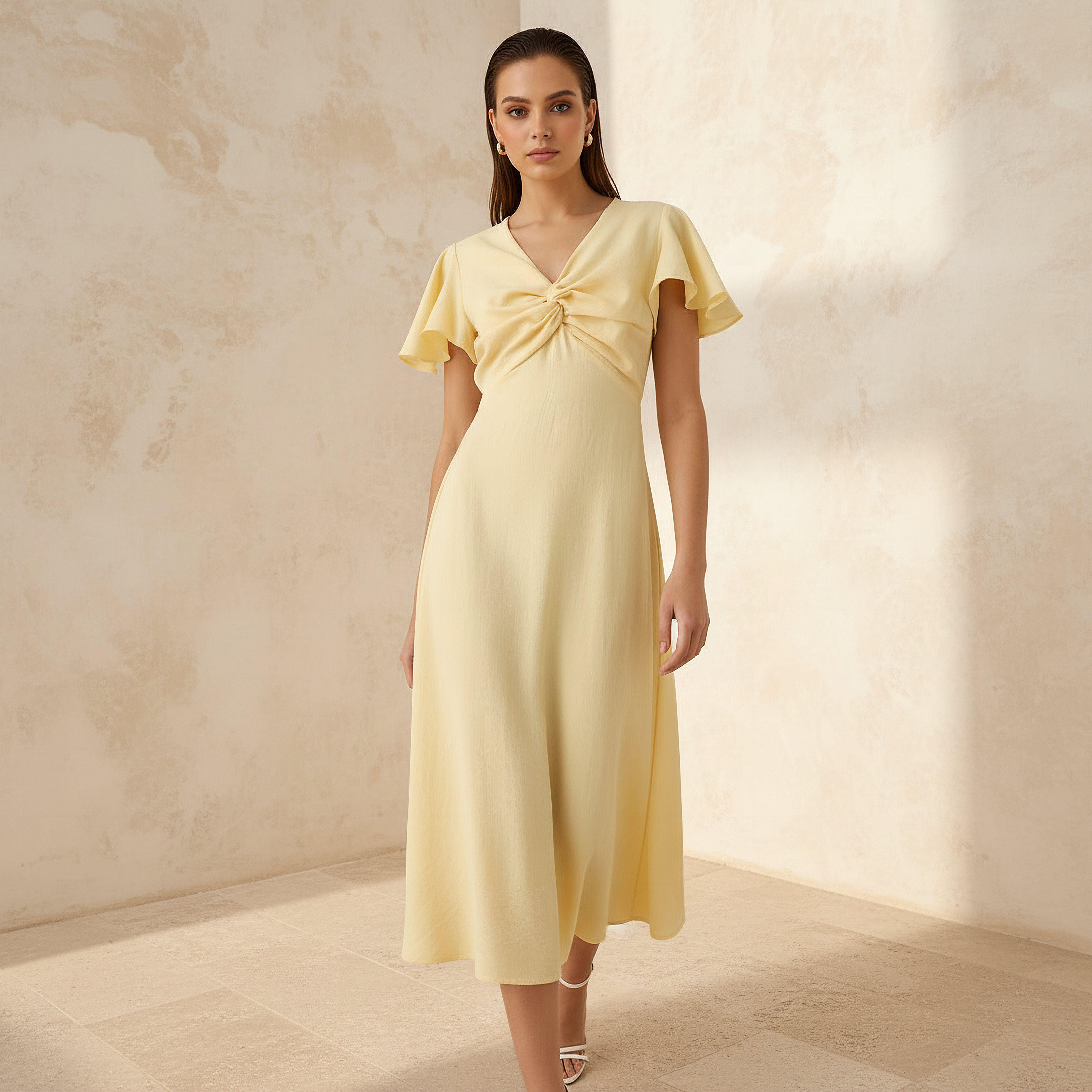 Twisted Midi A-Line Dress with Angel Sleeves-women-clothing-dresses-image-1