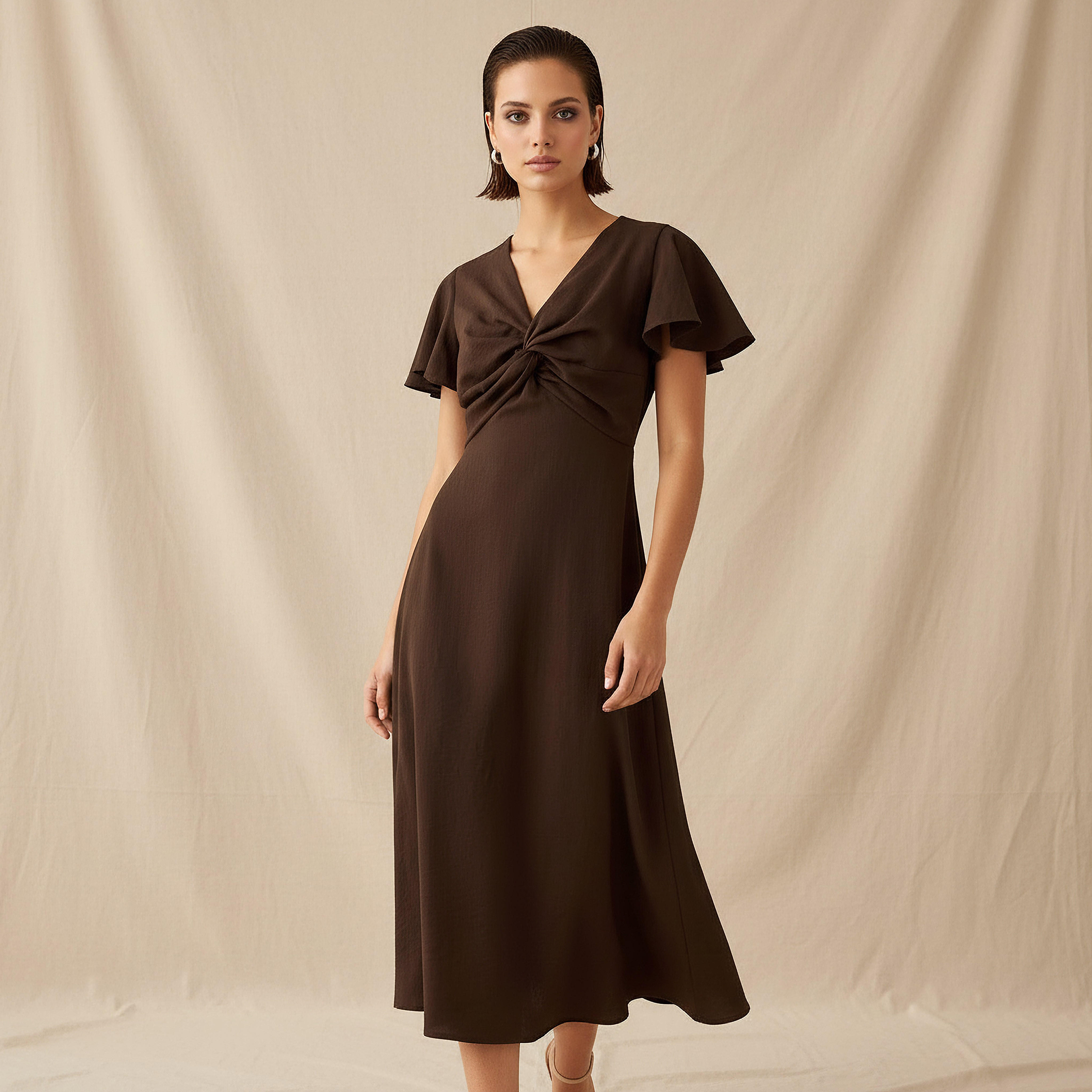 Twisted Midi A-Line Dress with Angel Sleeves-women-clothing-dresses-image-1