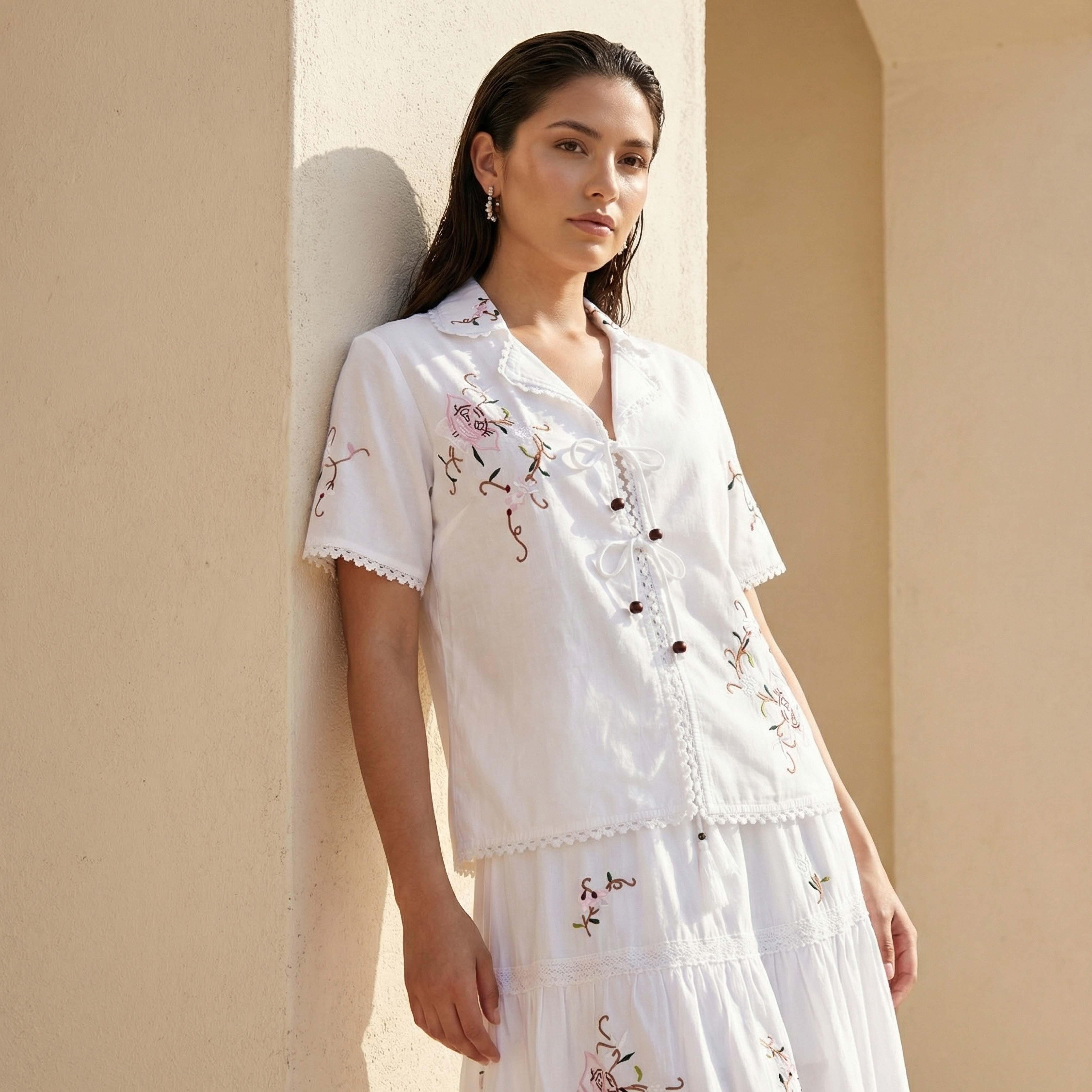 Cotton Front Tie Top with Embroidery-women-clothing-shirtsandblouses-blouses-image-1