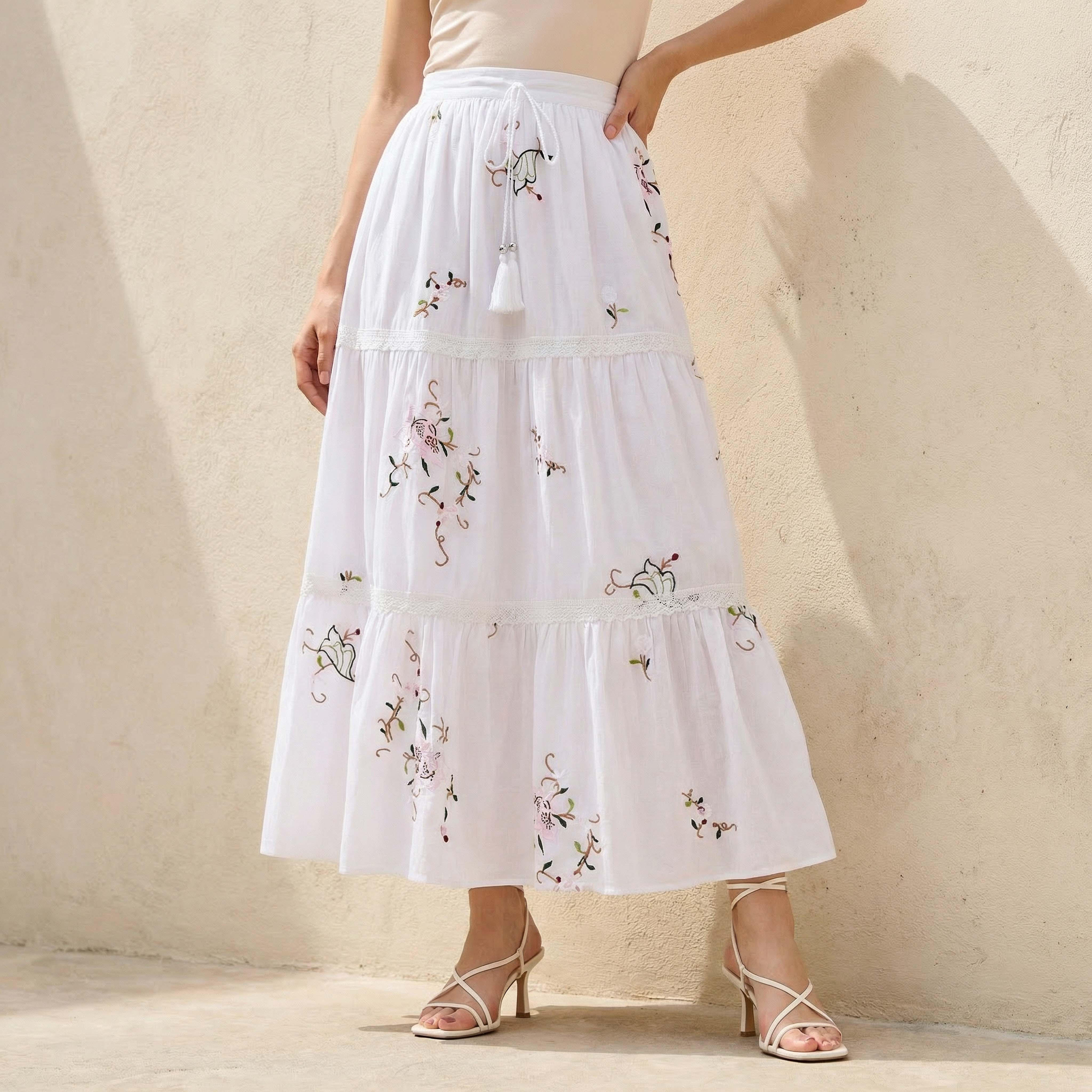 تنورة قطن ميدي بخصر نصف مطاطي-women-clothing-bottoms-skirts-image-1