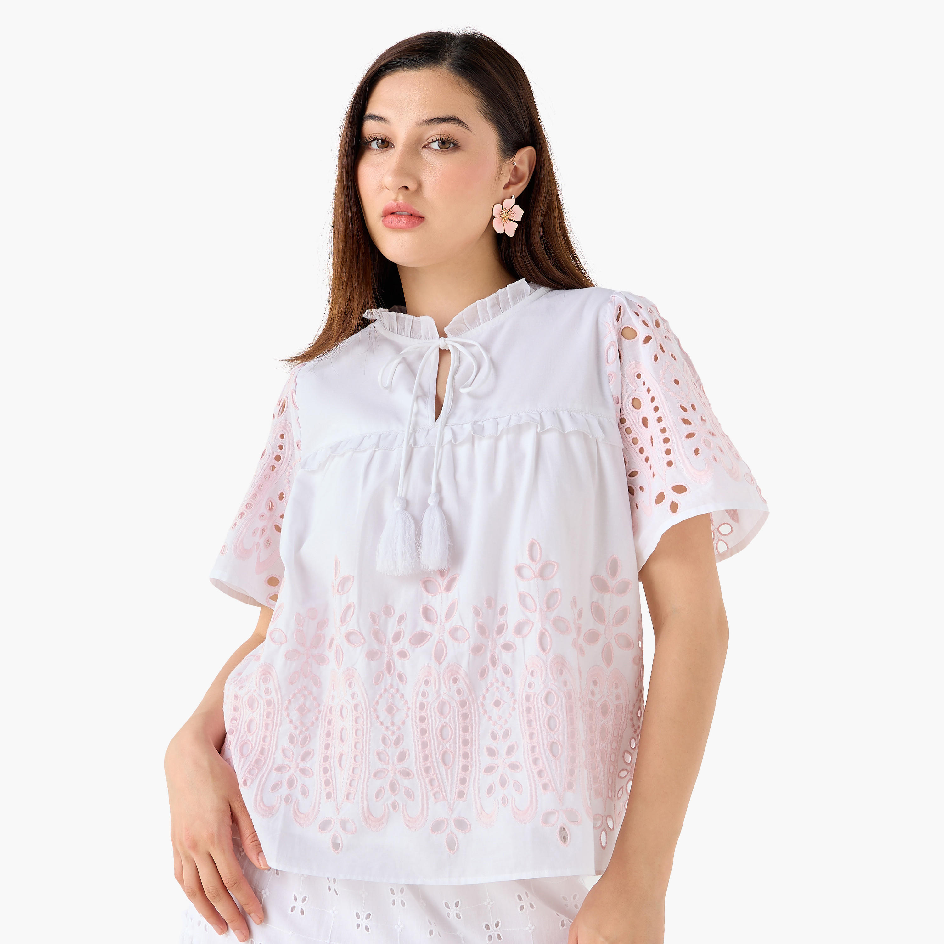 Cotton Schiffli Top with Tie-Ups-women-clothing-shirtsandblouses-blouses-image-4