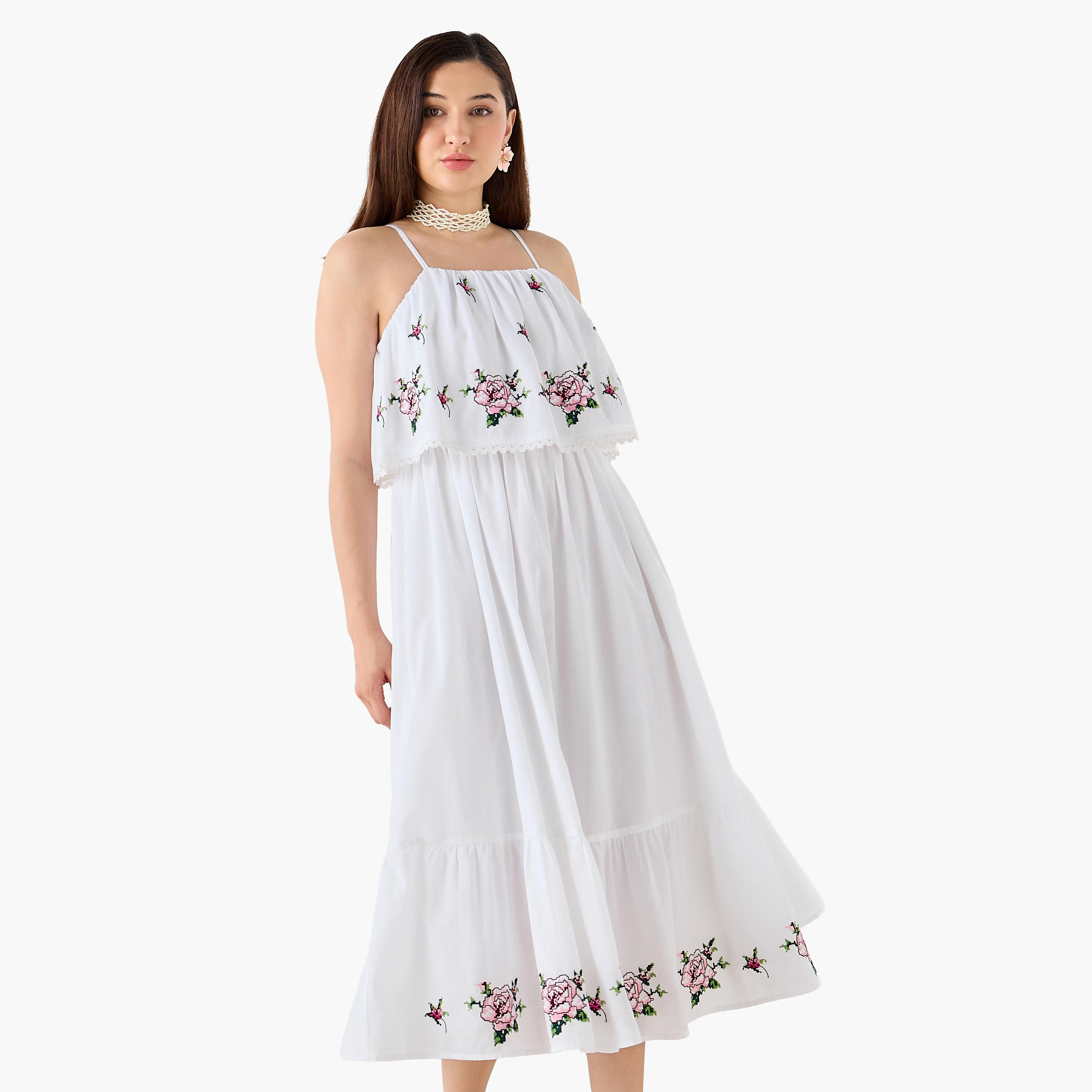 فستان قطن بحمّالات وقصة إيه لاين مع تطريز زهور للنساء-women-clothing-dresses-image-4