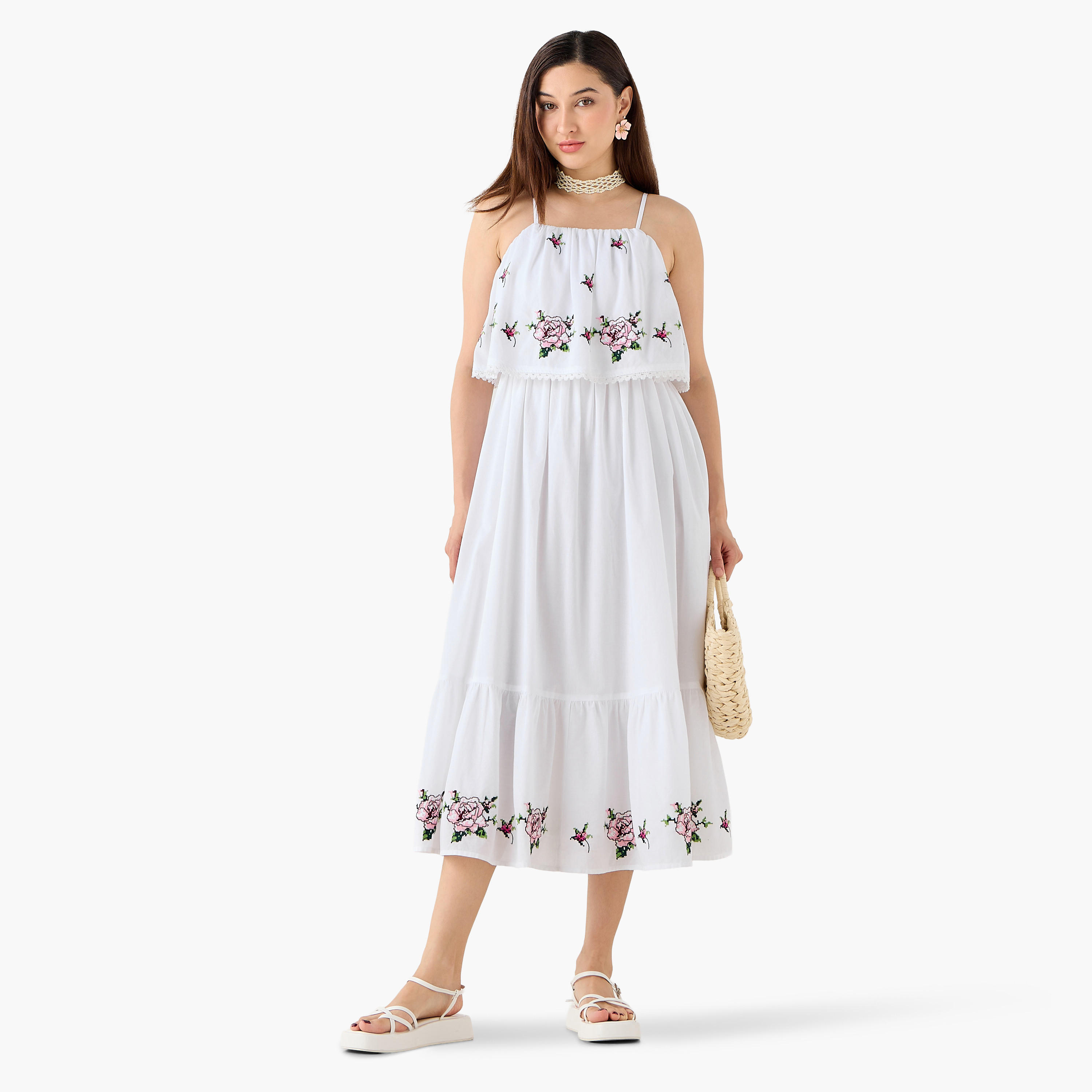 A-line Strappy Cotton Dress with Floral Embroidery-women-clothing-dresses-image-3
