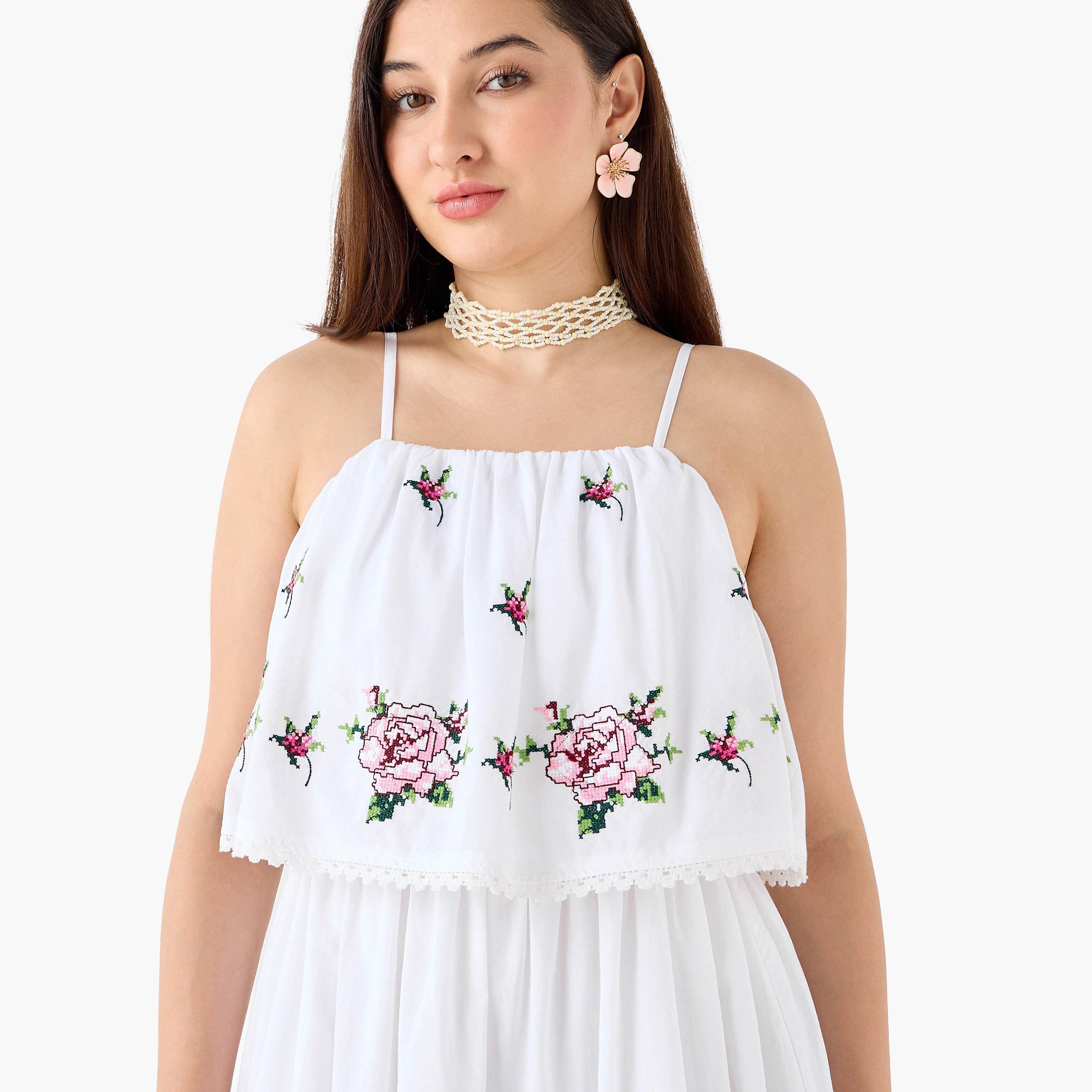 فستان قطن بحمّالات وقصة إيه لاين مع تطريز زهور للنساء-women-clothing-dresses-image-7