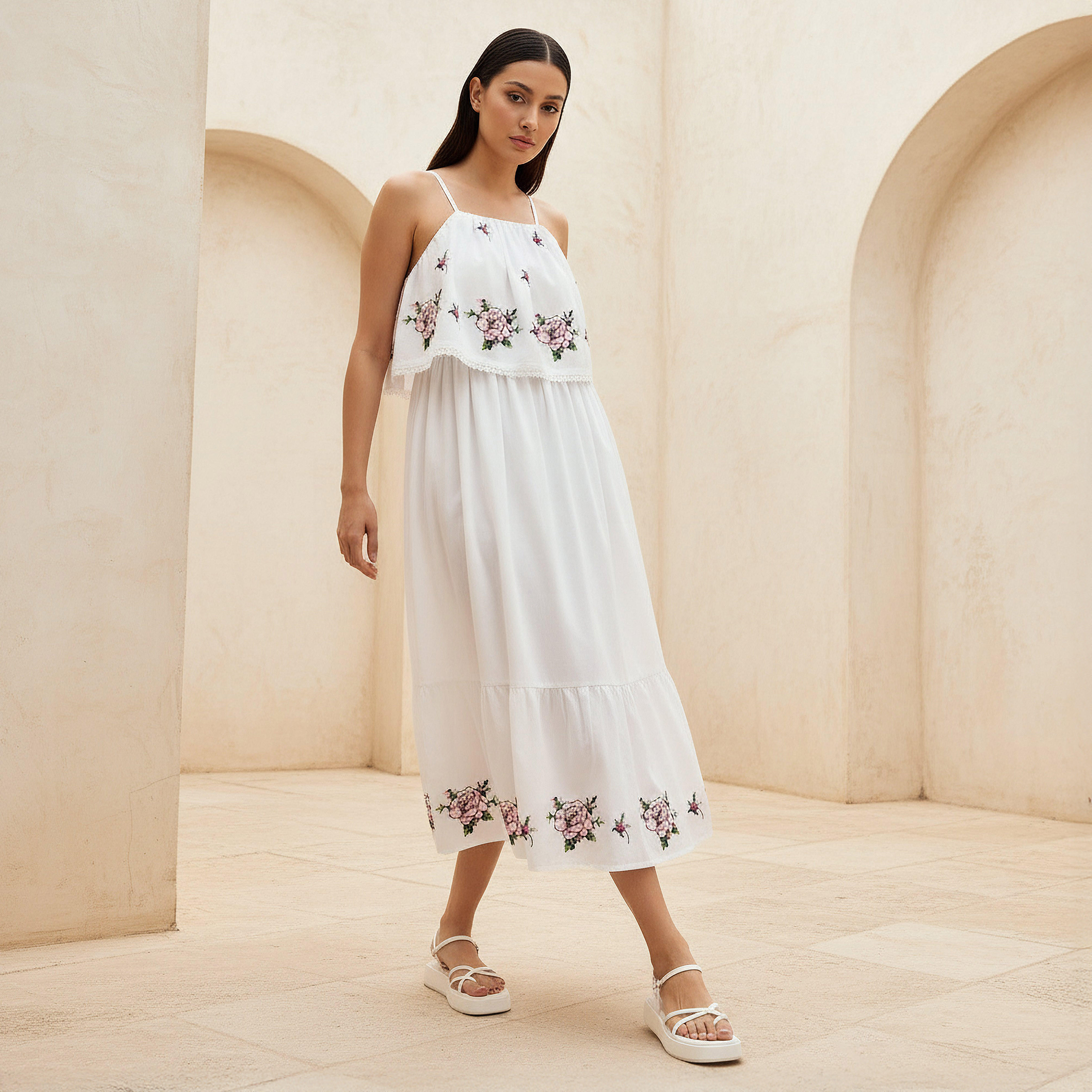 فستان قطن بحمّالات وقصة إيه لاين مع تطريز زهور للنساء-women-clothing-dresses-image-1