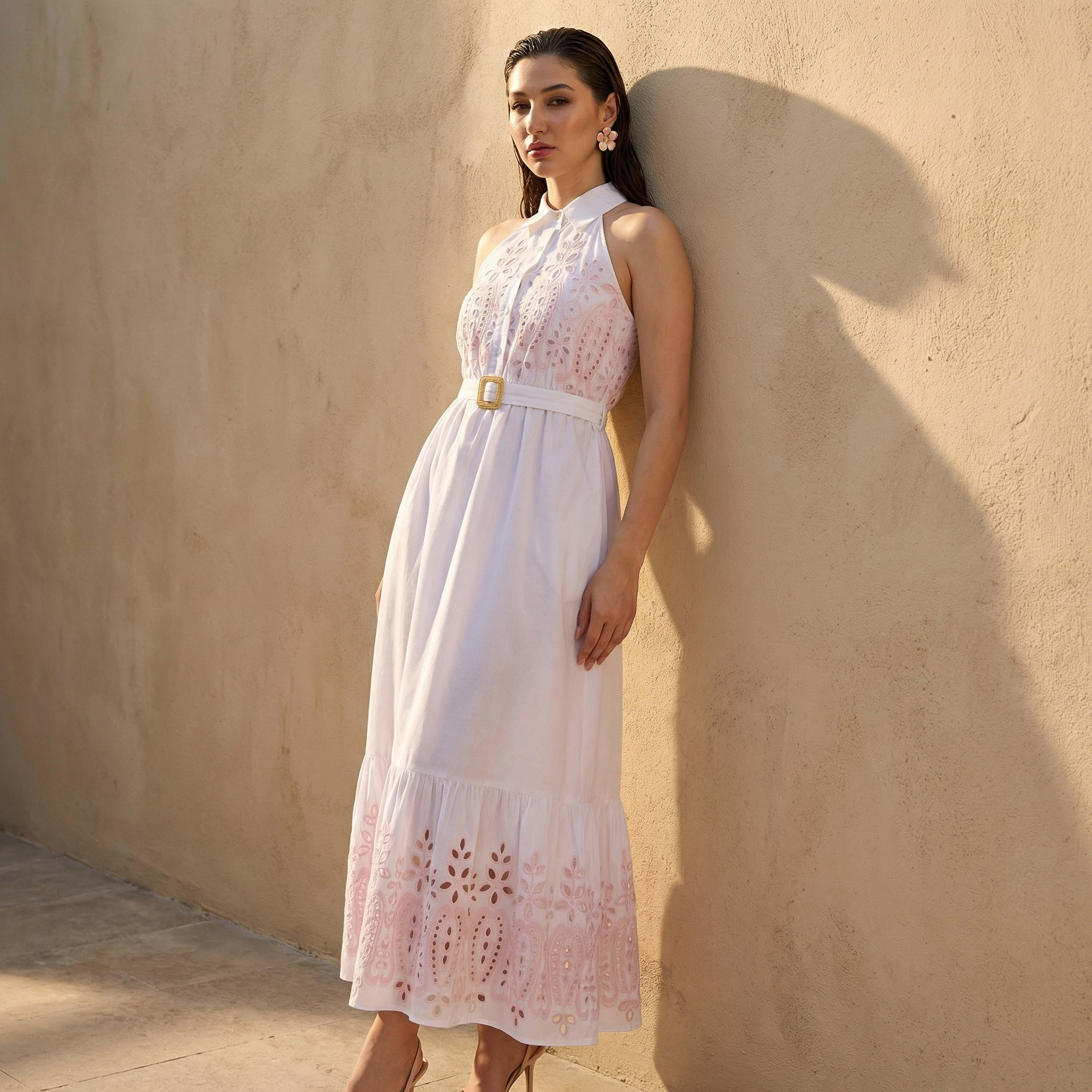 فستان قطن بقصة إيه لاين مع تطريز شيفلي للنساء-women-clothing-dresses-image-1