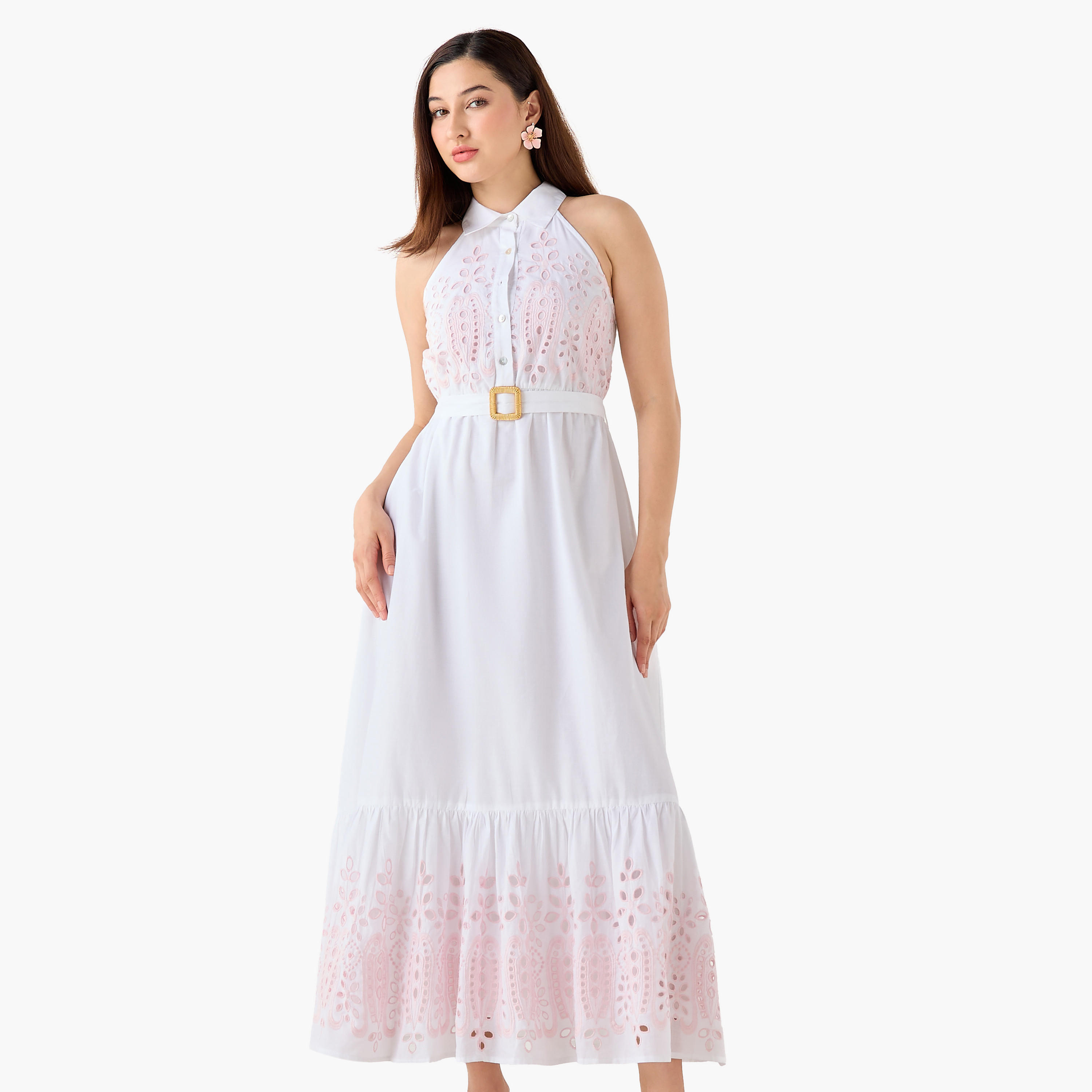 فستان قطن بقصة إيه لاين مع تطريز شيفلي للنساء-women-clothing-dresses-image-3