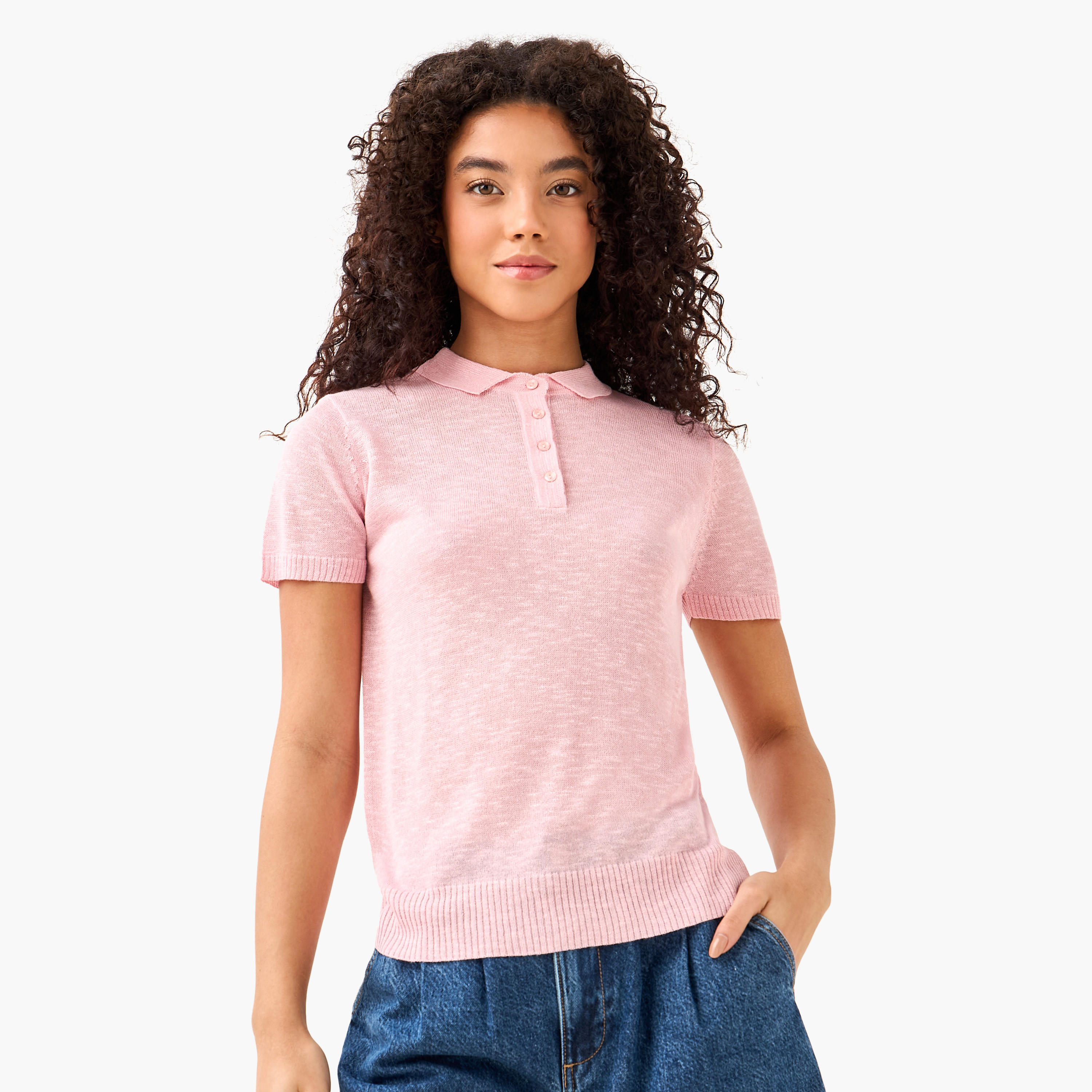 Linen Blend Polo T-shirt-women-clothing-tshirts-image-3
