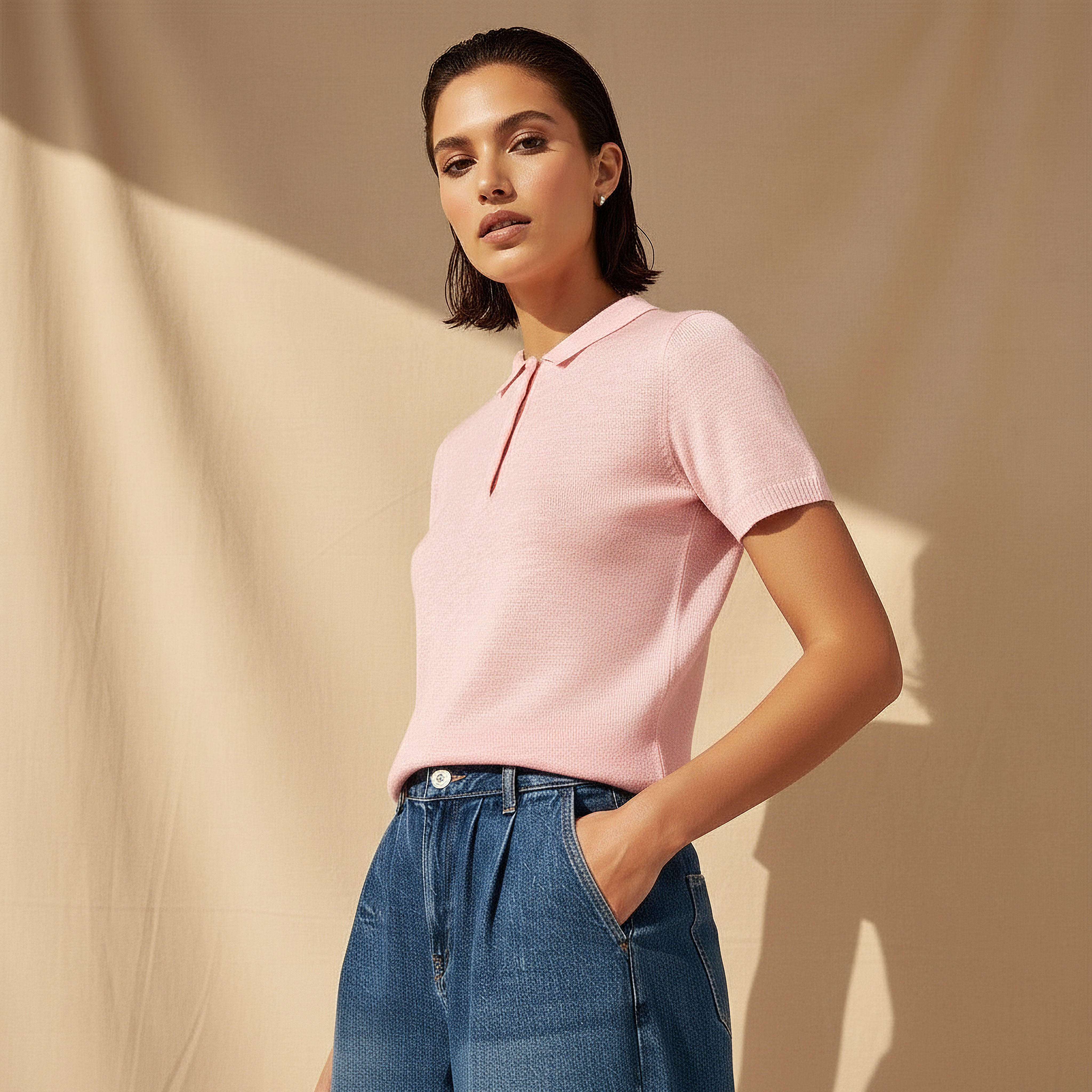 Linen Blend Polo T-shirt-women-clothing-tshirts-image-2