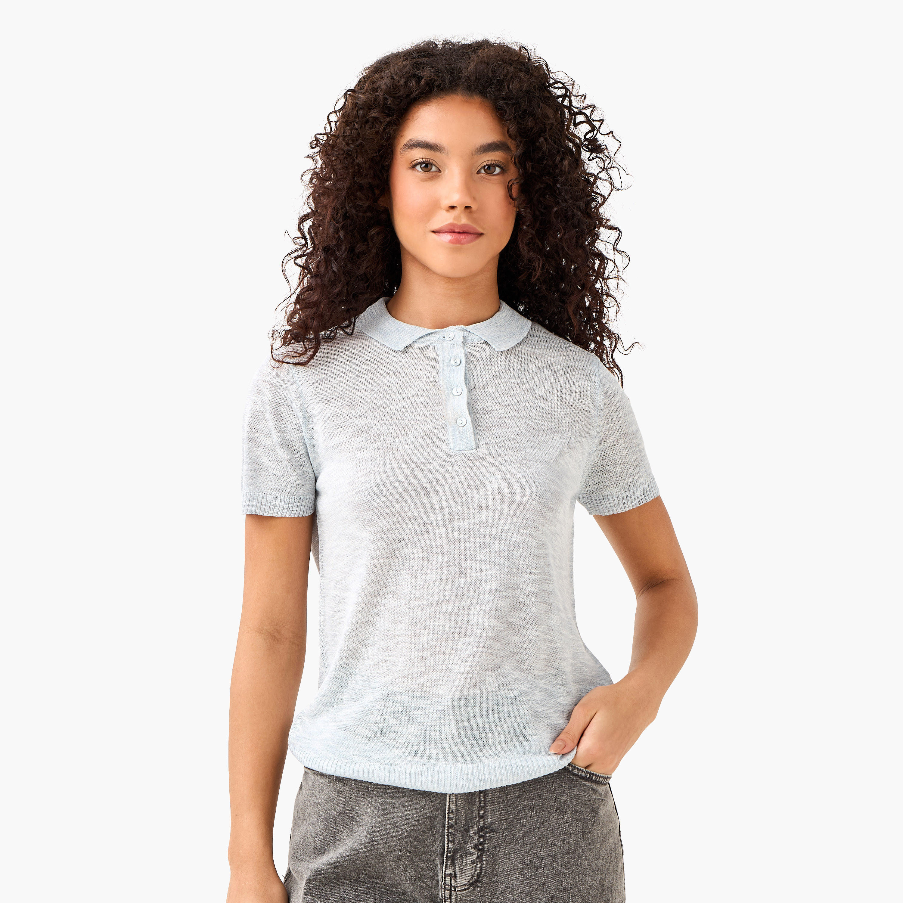 Linen Blend Polo T-shirt-women-clothing-tshirts-image-3