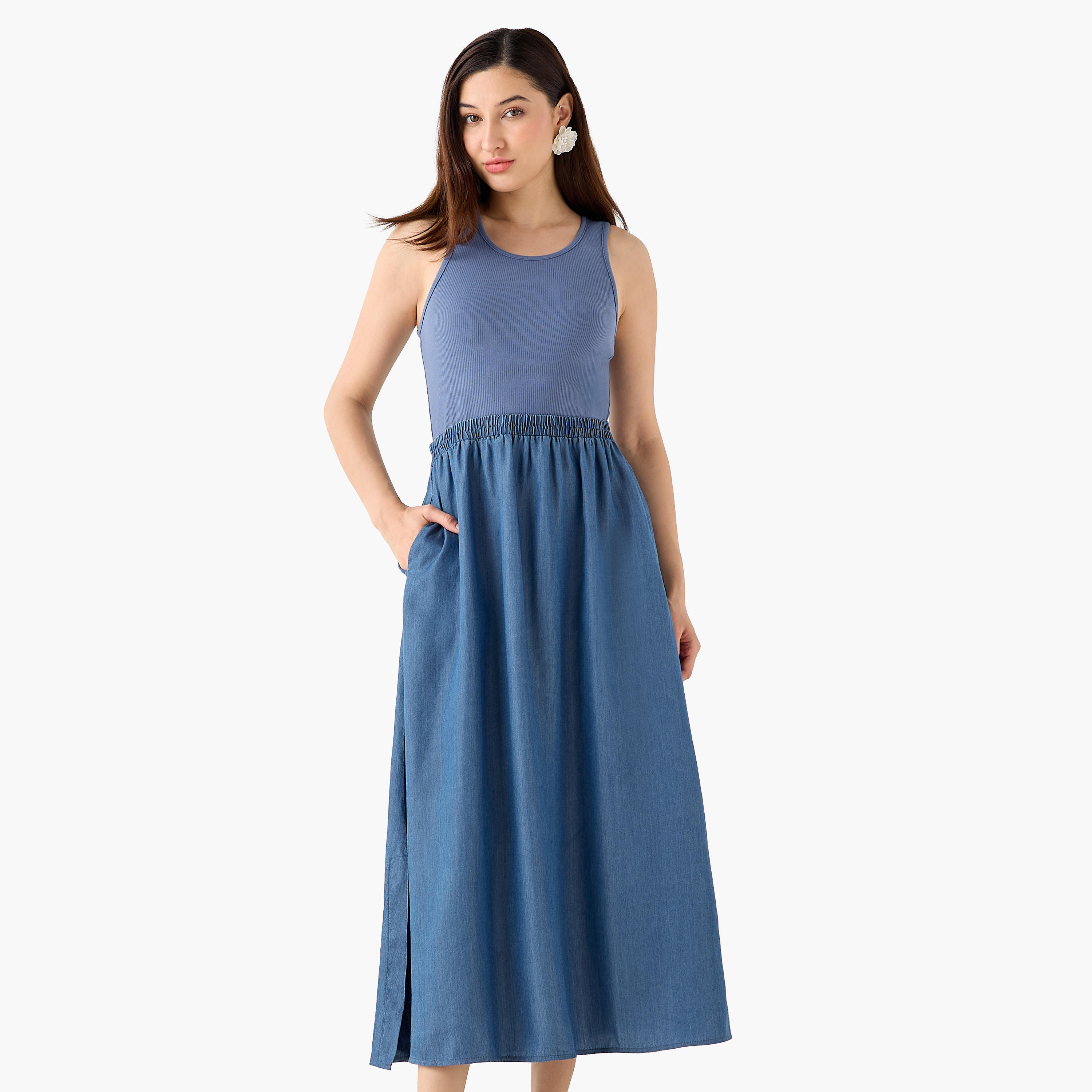Ribbed A-line Women Dress with Pockets-women-clothing-dresses-image-5