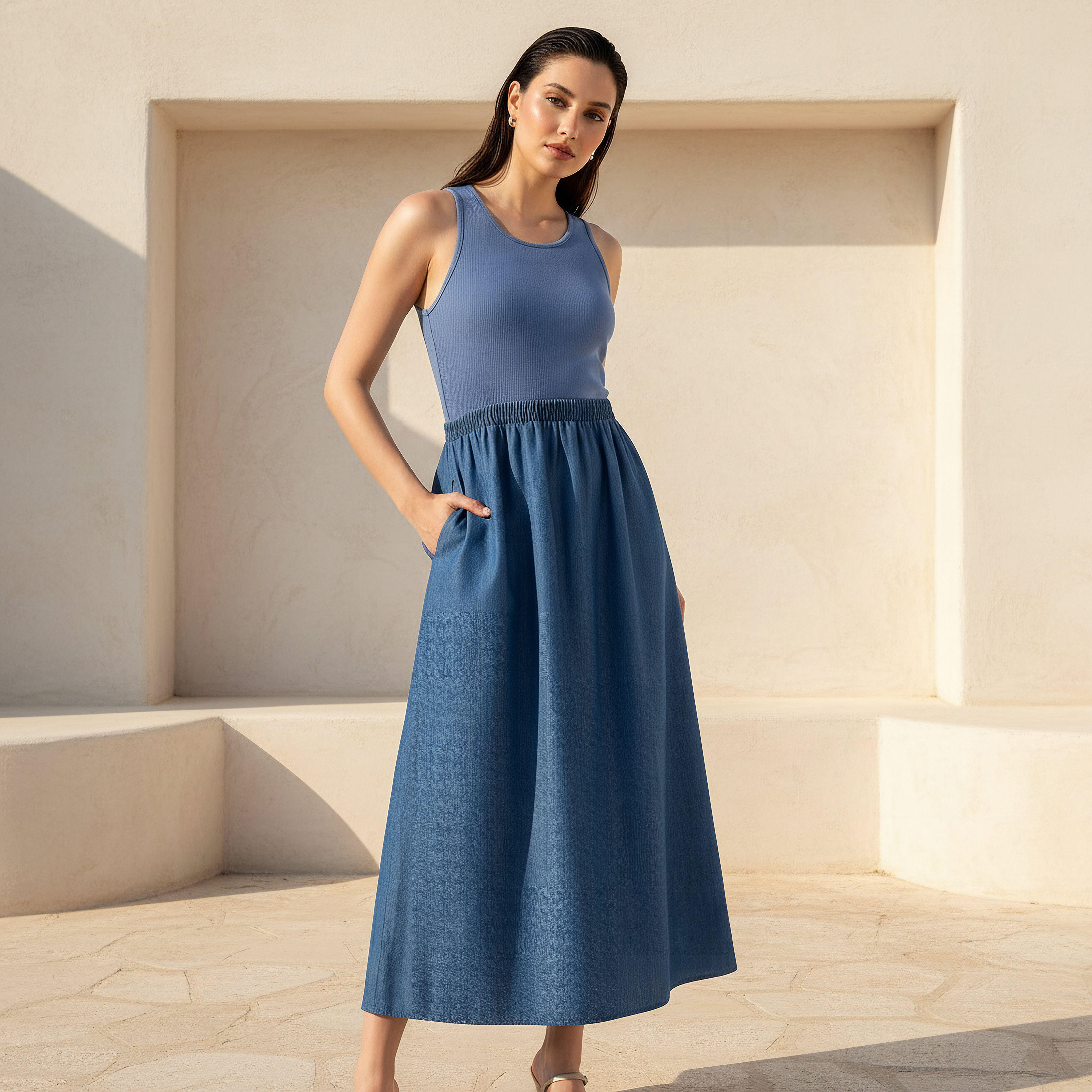 Ribbed A-line Women Dress with Pockets-women-clothing-dresses-image-1