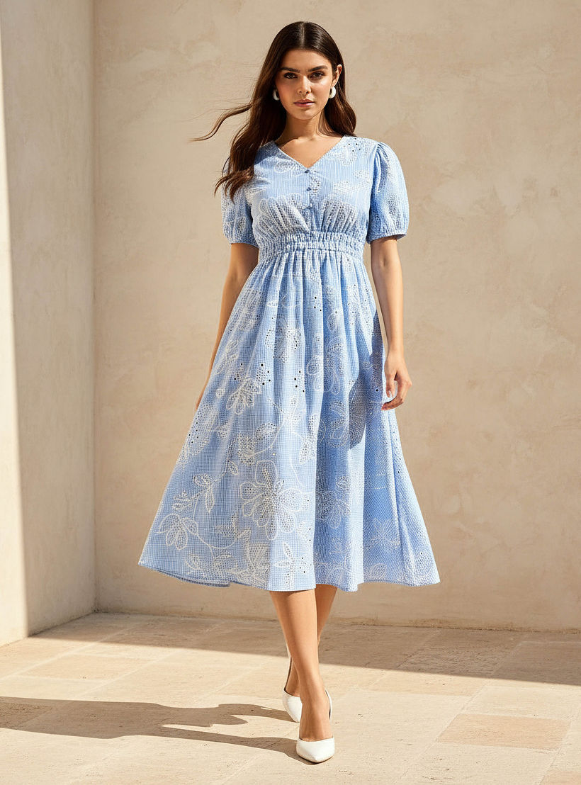 Checked A-line Women Dress with Schiffli Detail Cotton-women-clothing-dresses-image-1