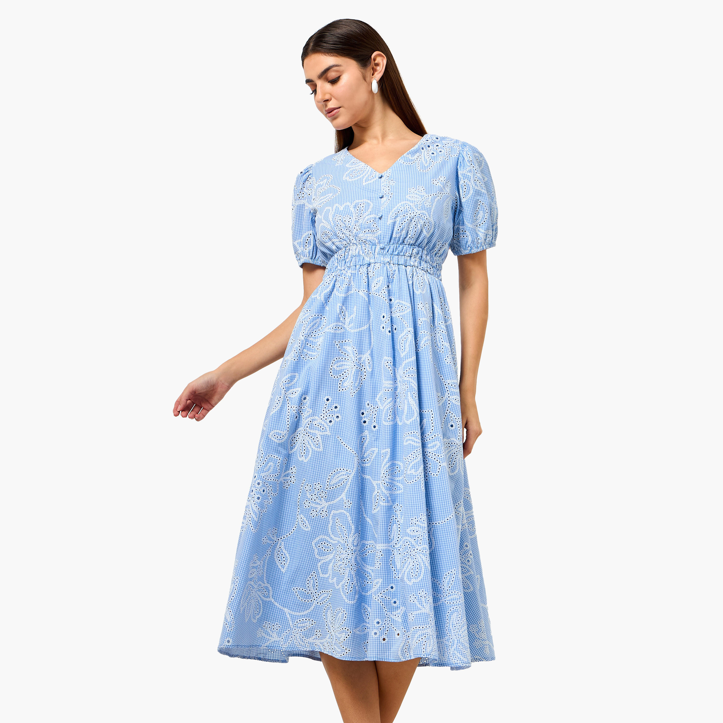 Checked A-line Women Dress with Schiffli Detail Cotton-women-clothing-dresses-image-2