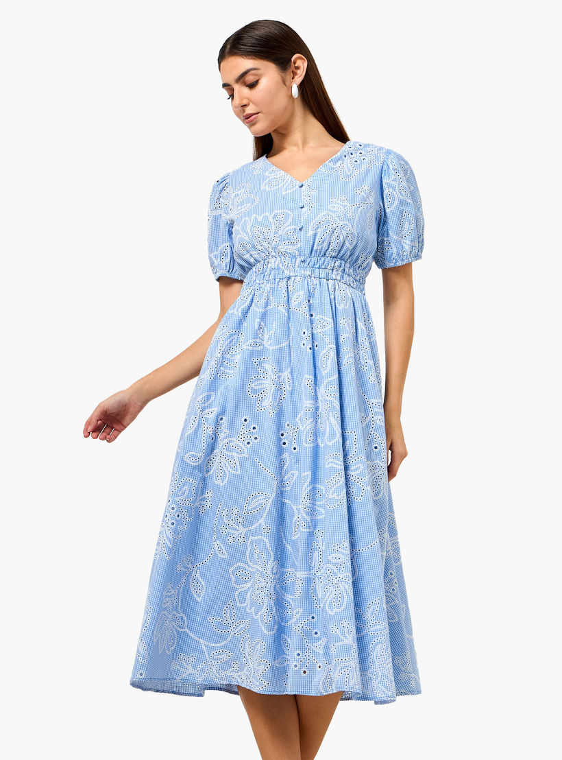 Checked A-line Women Dress with Schiffli Detail Cotton-women-clothing-dresses-image-2