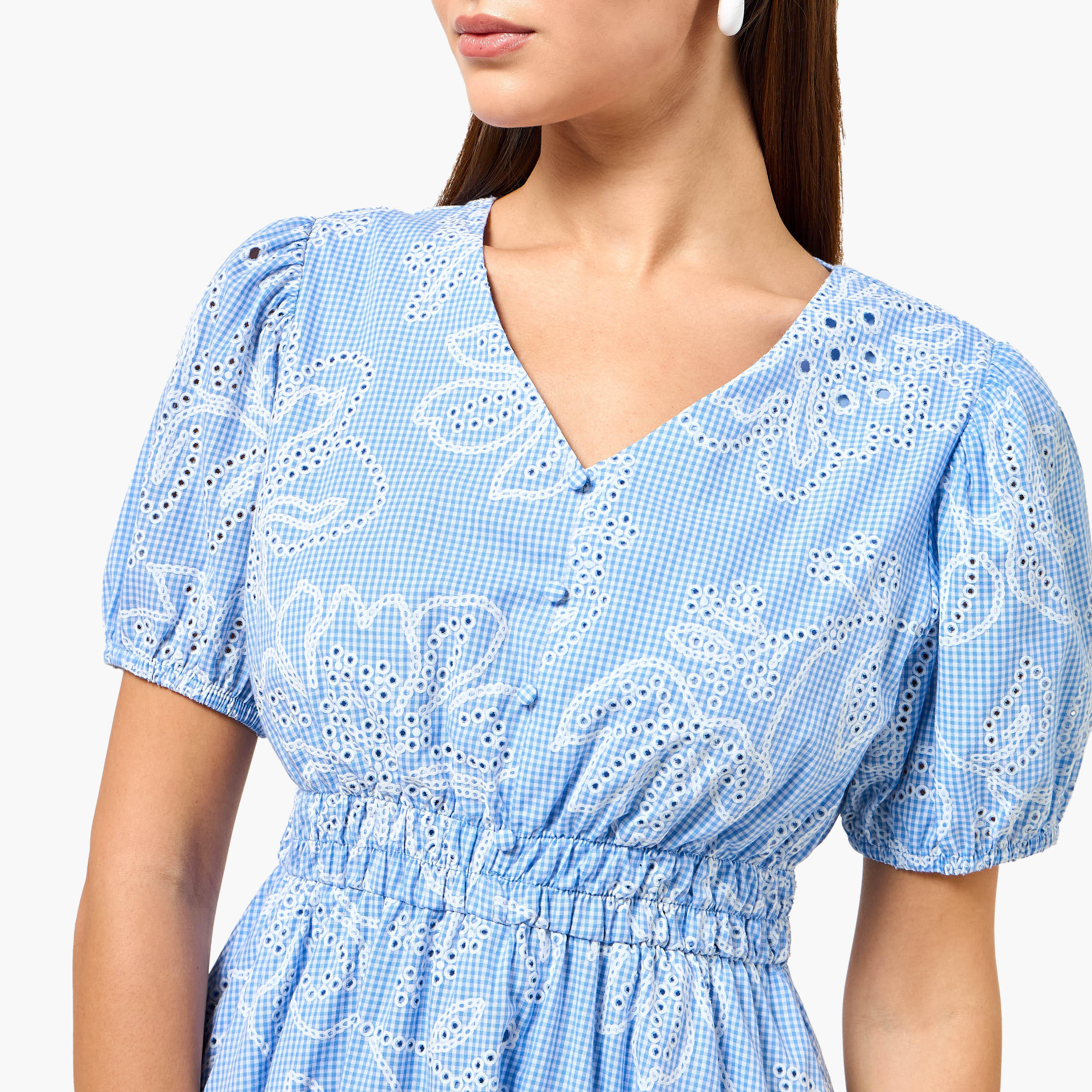 Checked A-line Women Dress with Schiffli Detail Cotton-women-clothing-dresses-image-3