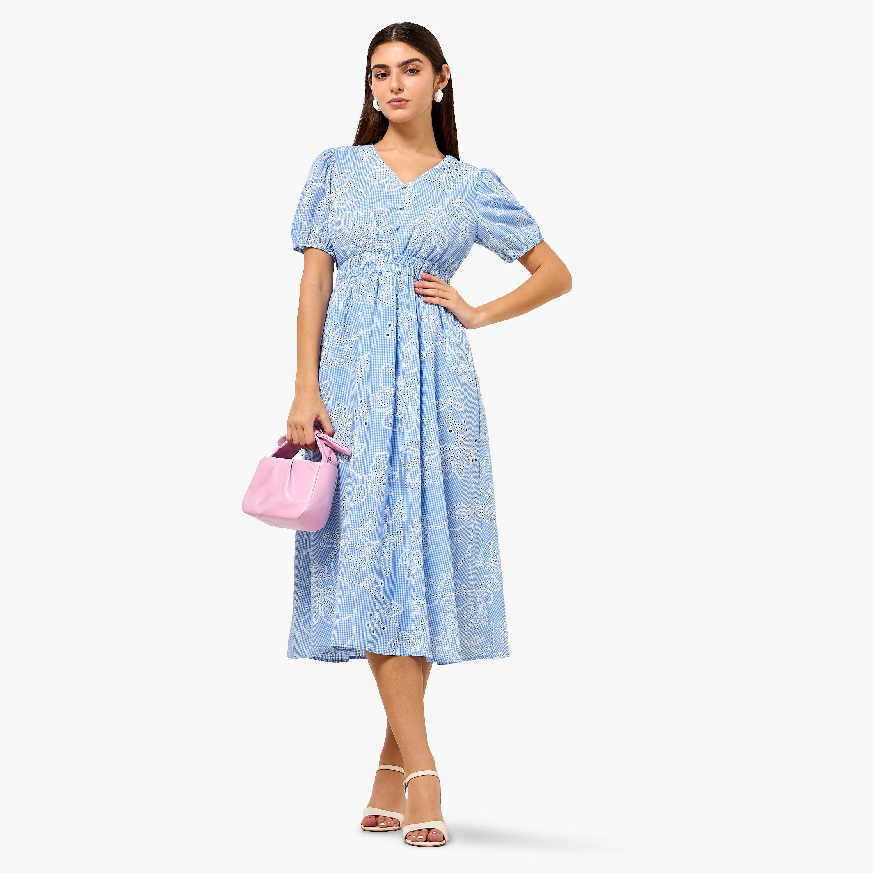 Checked A-line Women Dress with Schiffli Detail Cotton-women-clothing-dresses-image-4