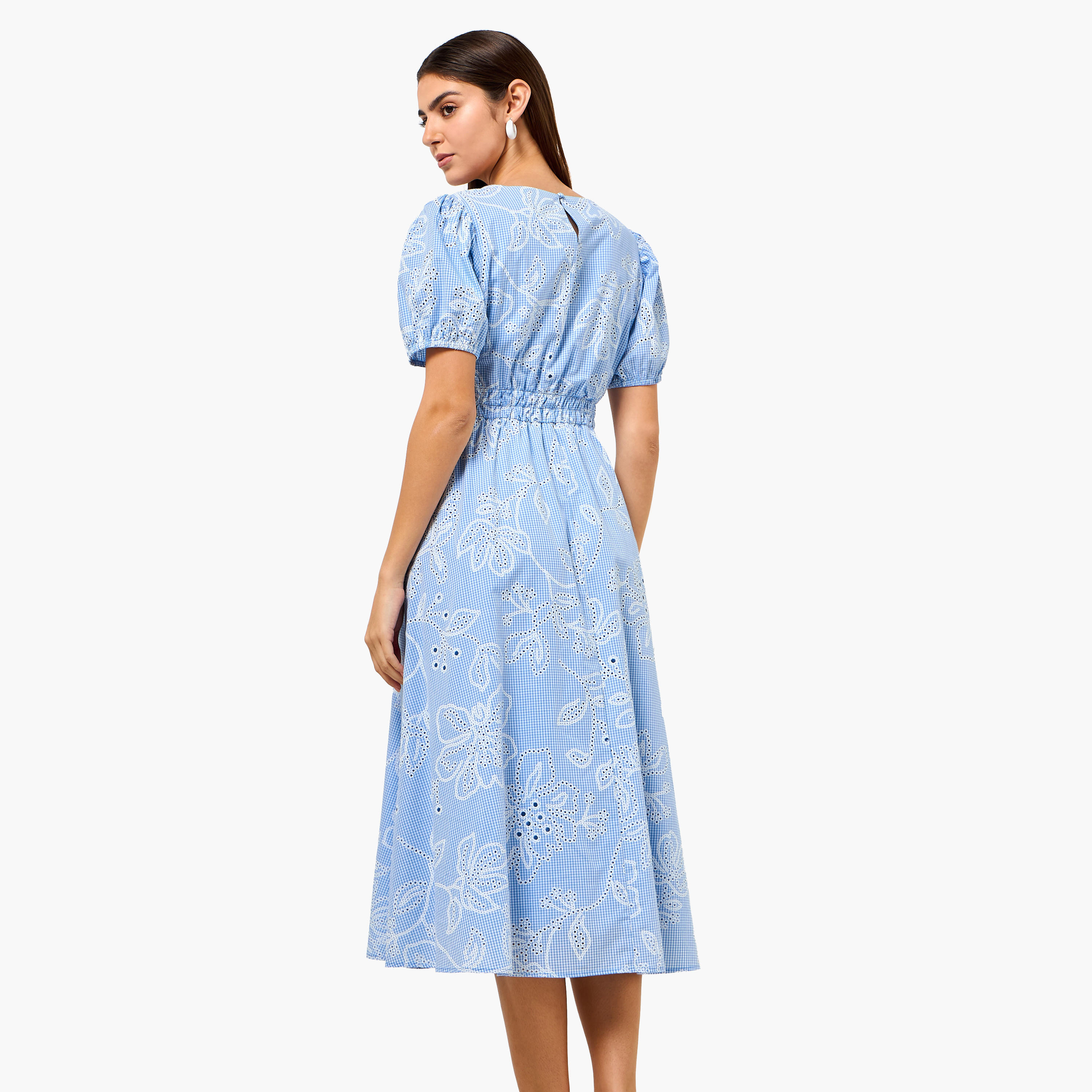 Checked A-line Women Dress with Schiffli Detail Cotton-women-clothing-dresses-image-5