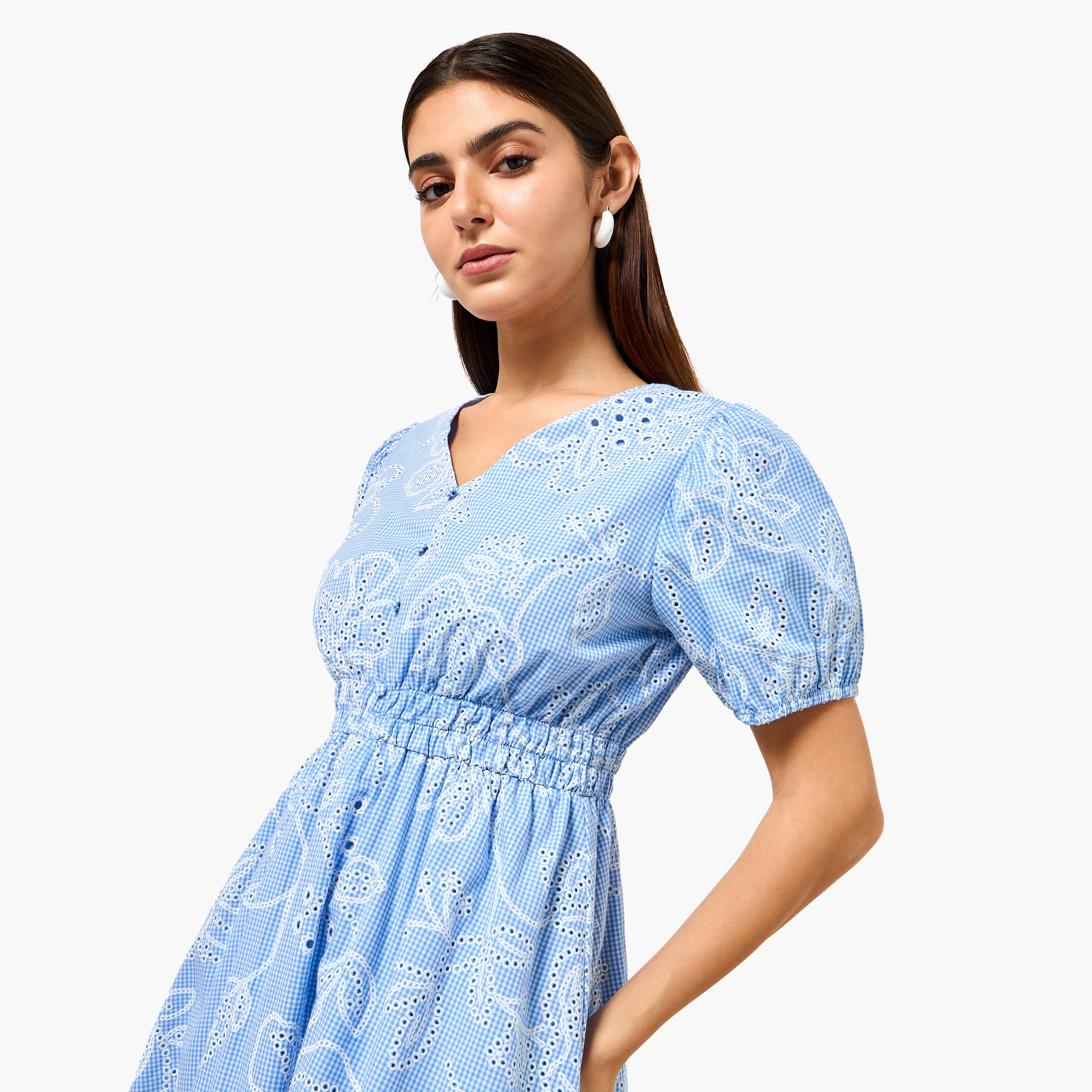 Checked A-line Women Dress with Schiffli Detail Cotton-women-clothing-dresses-image-6