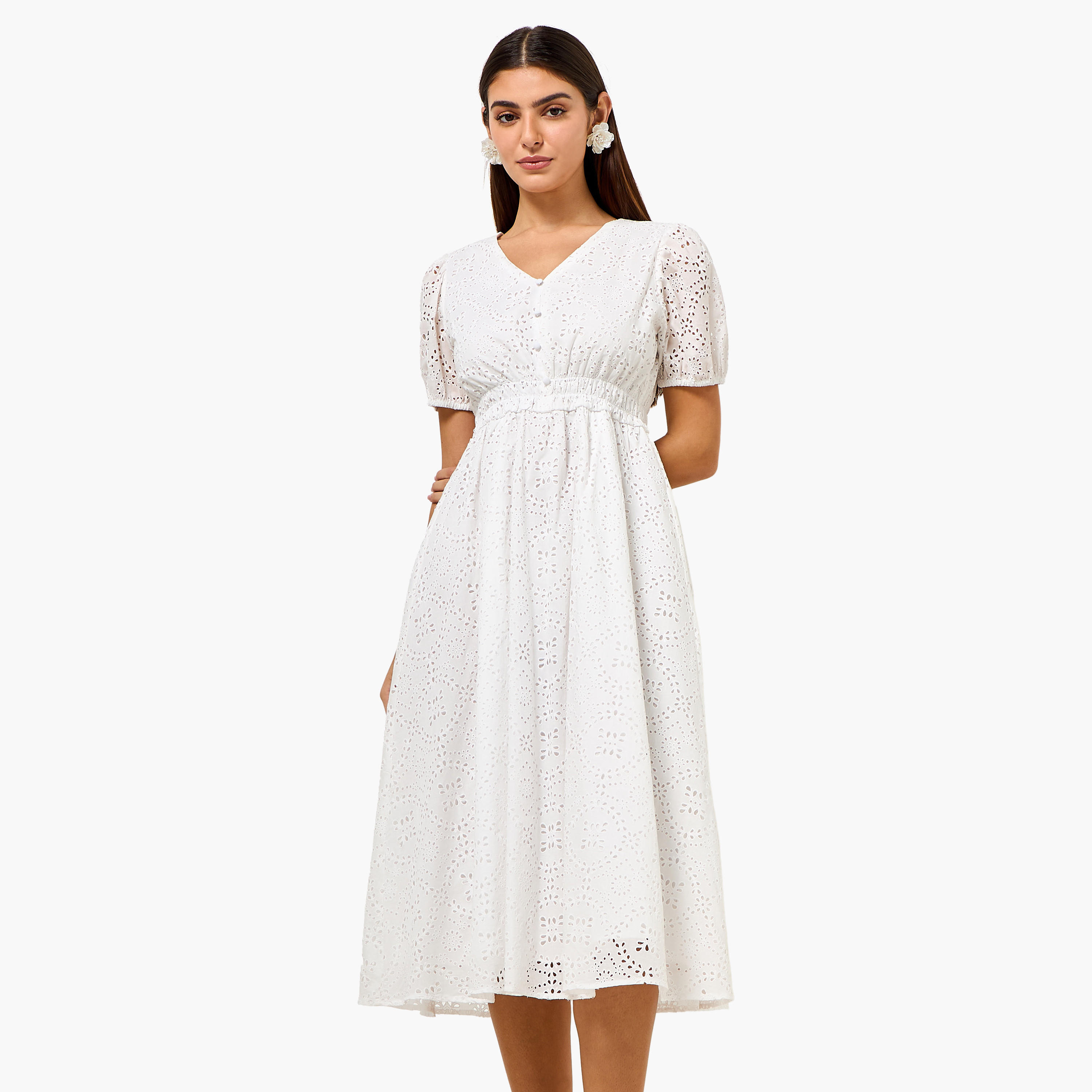 Checked A-line Women Dress with Schiffli Detail Cotton-women-clothing-dresses-image-2